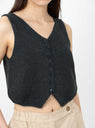 Heather Cotton Waistcoat Charcoal on model  close up 