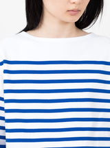 Boat Neck Striped Long Sleeve Tee White/Blue up close 