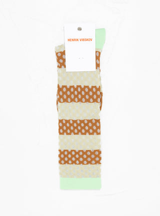 Transparent polka dot sock with brown stripe and lime green heel 