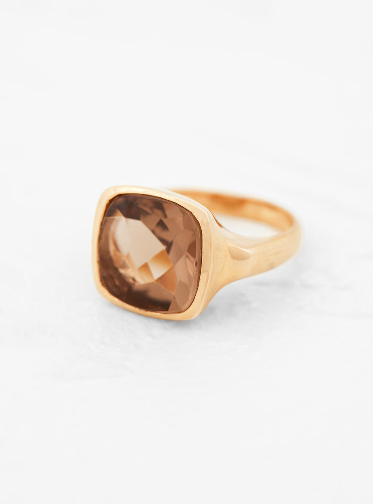 Antic Bufftop Smoky Vapoured Quartz Gold Plated Ring