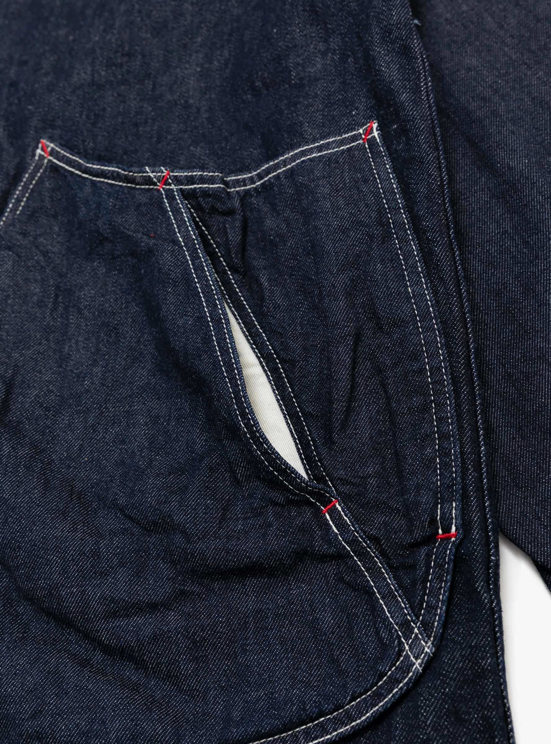 M 11.5oz x 8oz Ringoman Coverall Indigo KAPITAL (pocket detail) at Couverture & The Garbstore