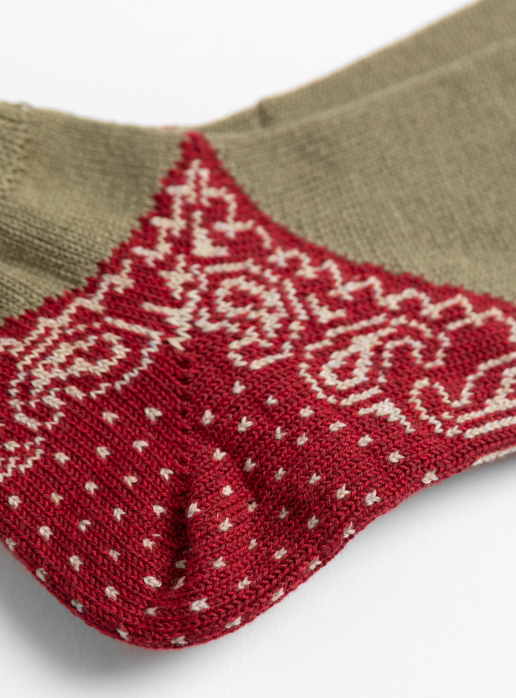 W 96 Yarns Paisley Bandana Heel Ankle Socks Khaki and Red by Kapital at Couverture & The Garbstore Detail 