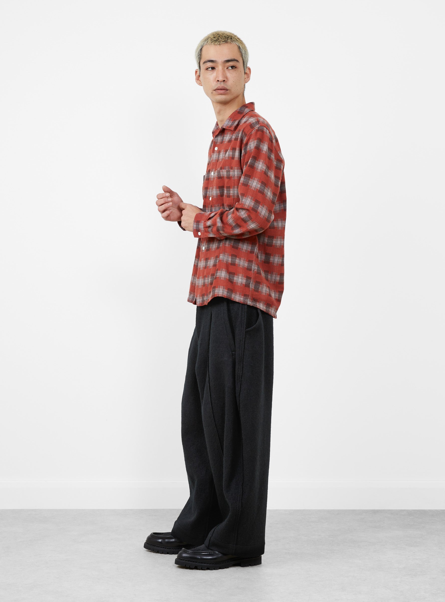 Open Collar Brushed Satin Plaid Shirt Red by Beams Plus