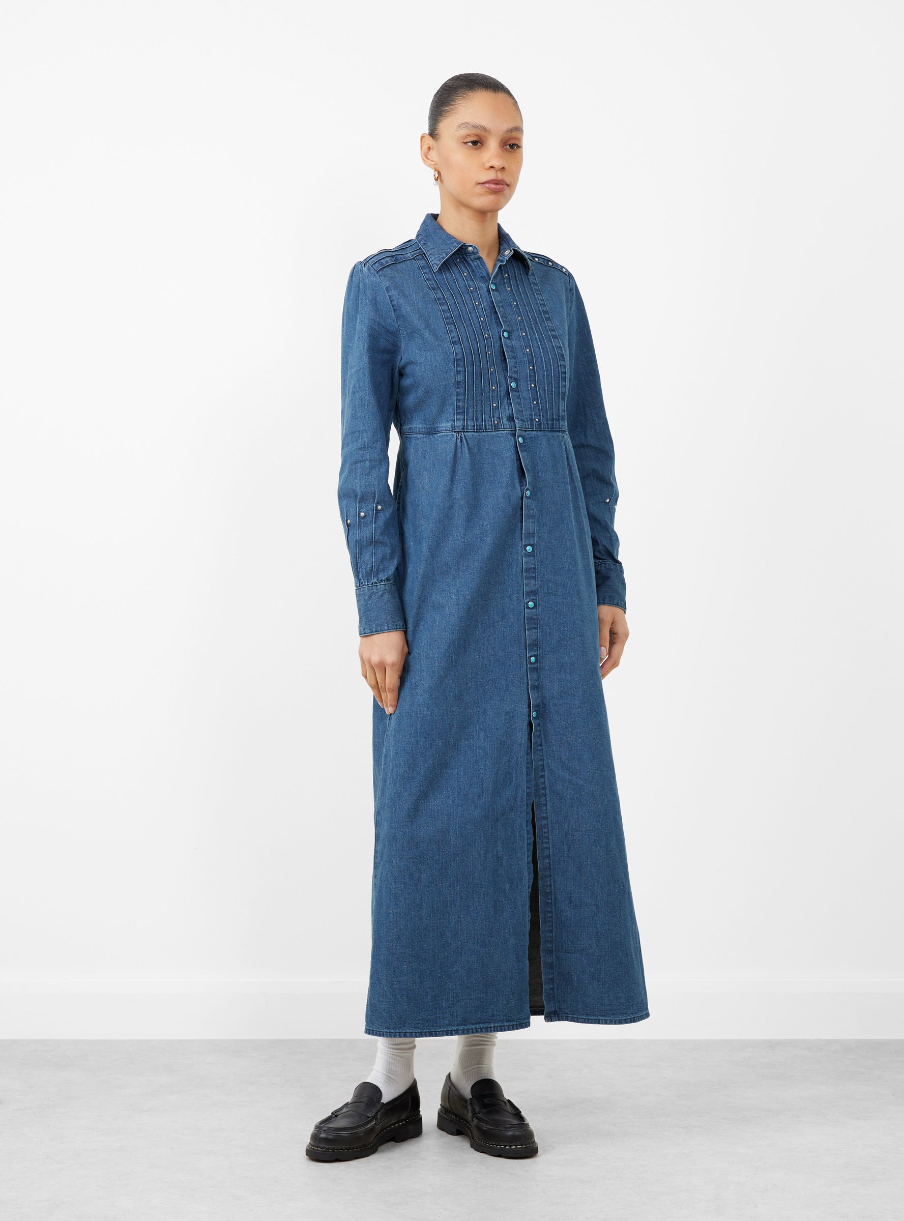 8oz Denim Pin Tucks Sundance Dress Blue by Kapital