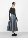Japanese Typewriter Cotton Longline Stevie Skirt Navy and Camel Stripe from Cawley at Couverture & The Garbstore model side
