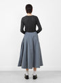 Japanese Typewriter Cotton Longline Stevie Skirt Navy and Camel Stripe from Cawley at Couverture & The Garbstore model back