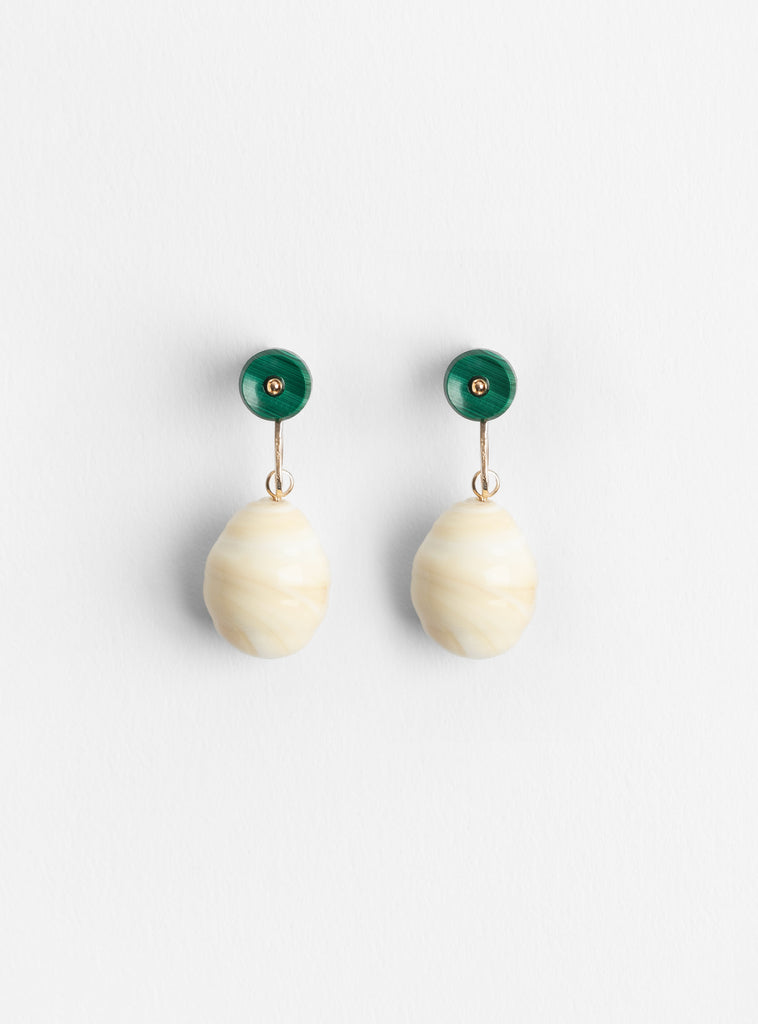 Glass Beads Earrings with Small Stone Malachite and White from Helena Rohner at Couverture & The Garbstore 
front 