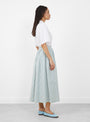 The Dagny Skirt comes in White and Aqua Stripe from Skall Studio
model side