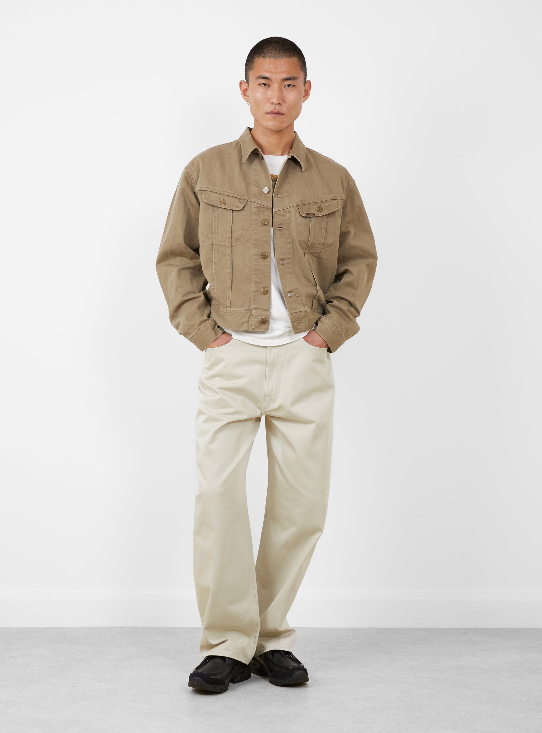 Vintage Satin Club Baggy 5P Pants Ecru KAPITAL (model front) at Couverture & The Garbstore