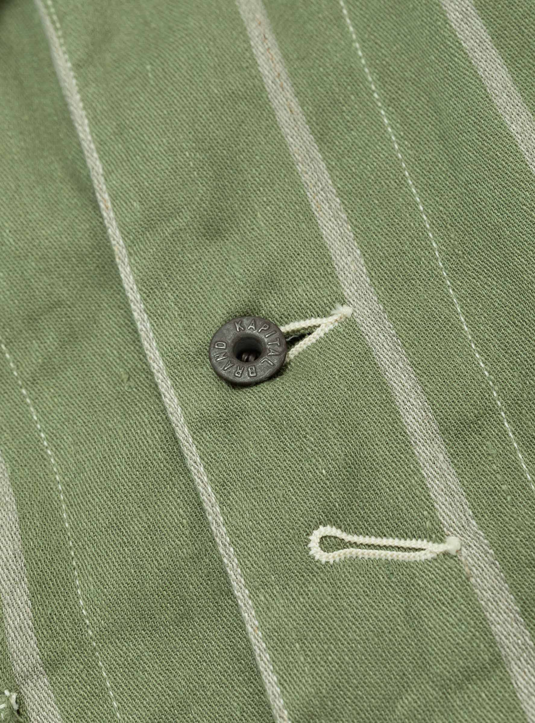 Linen Phillies Stripe Coverall Khaki KAPITAL (button detail) at Couverture & The Garbstore