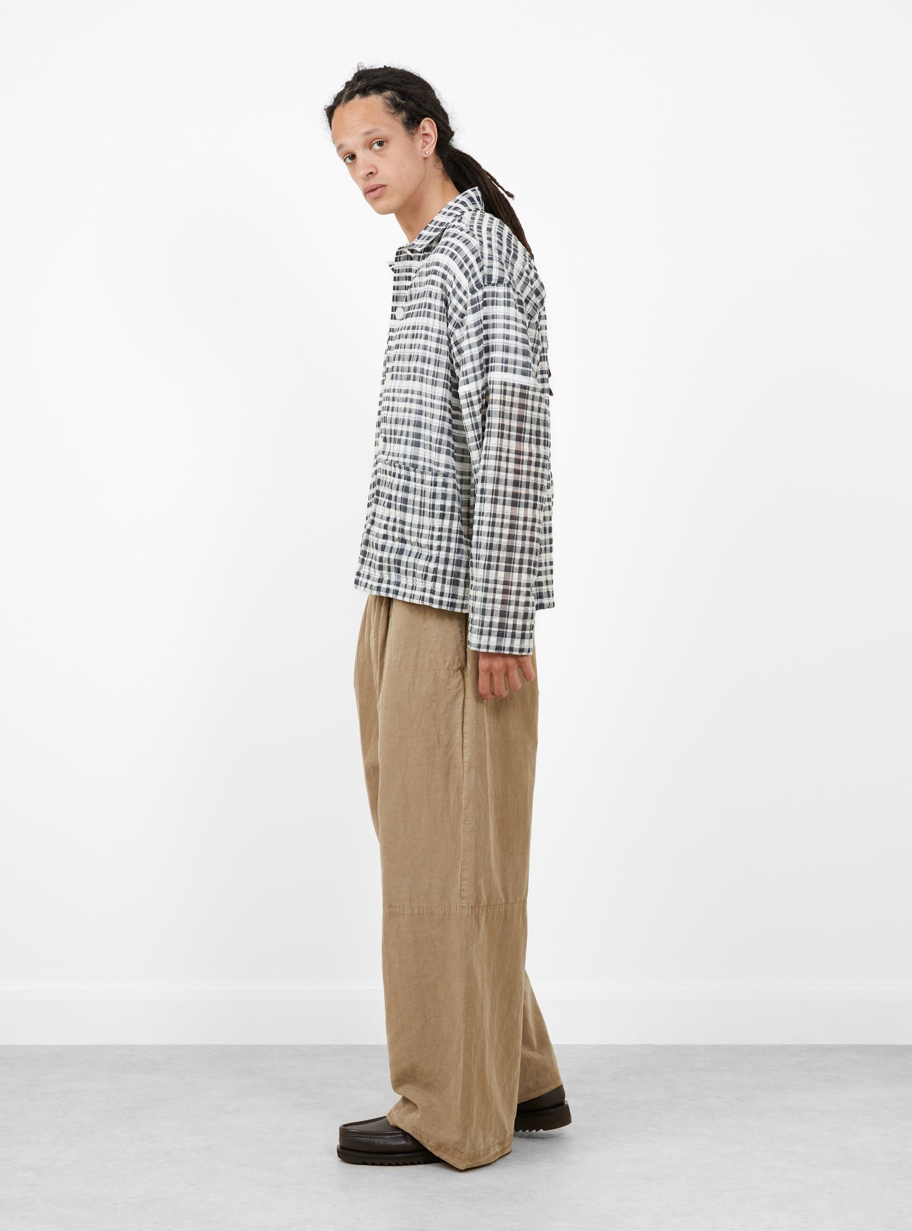 PJ Overshirt Charcoal & Off White-Charcoal & Off White-YMC You Must Create model side at Couverture & The Garbstore