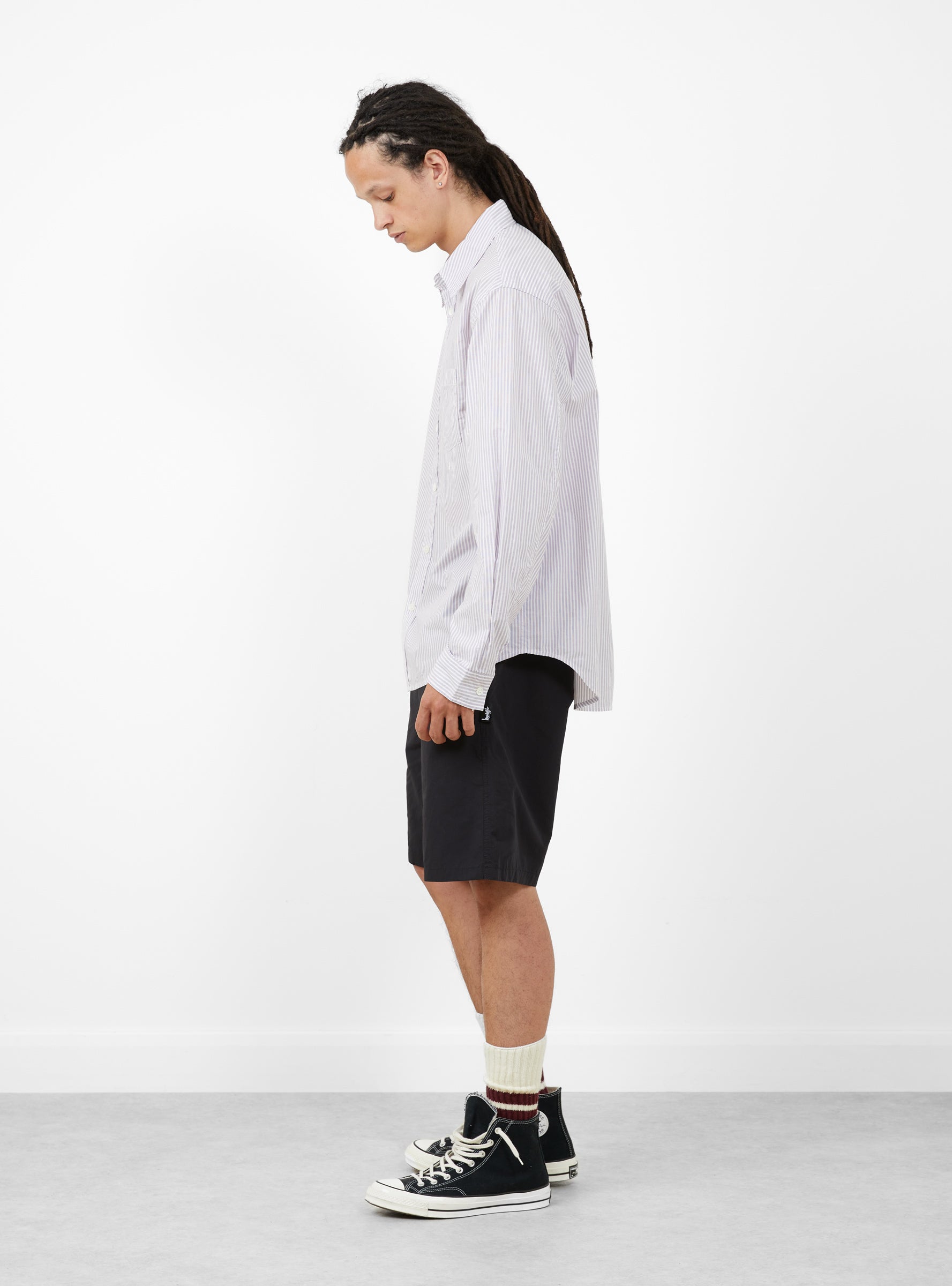 Standard LS Shirt Purple Stripe-Purple Stripe-Stussy model side at Couverture & The Garbstore