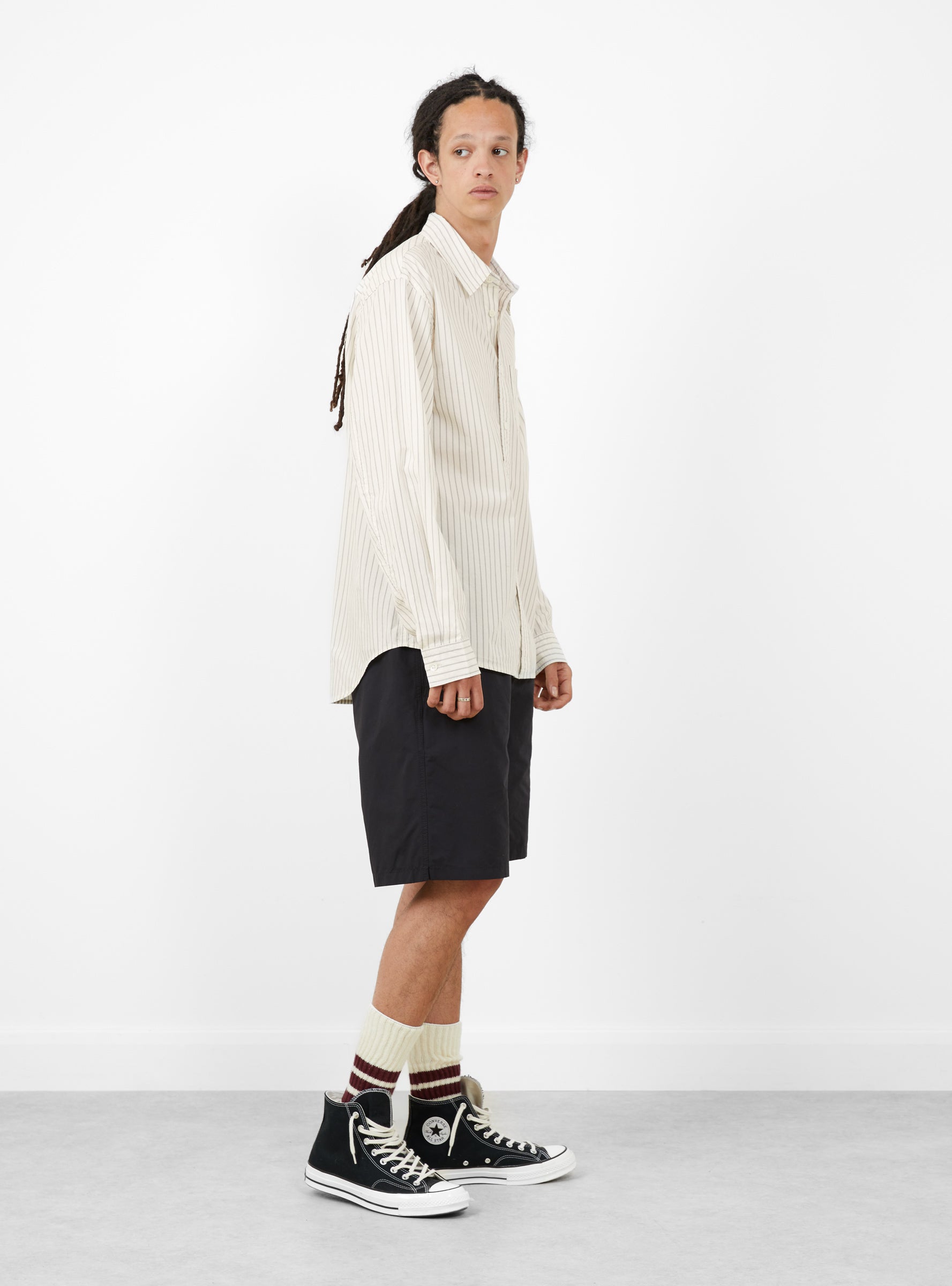 Standard LS Shirt Natural Stripe-Natural Stripe-Stussy model side at Couverture & The Garbstore