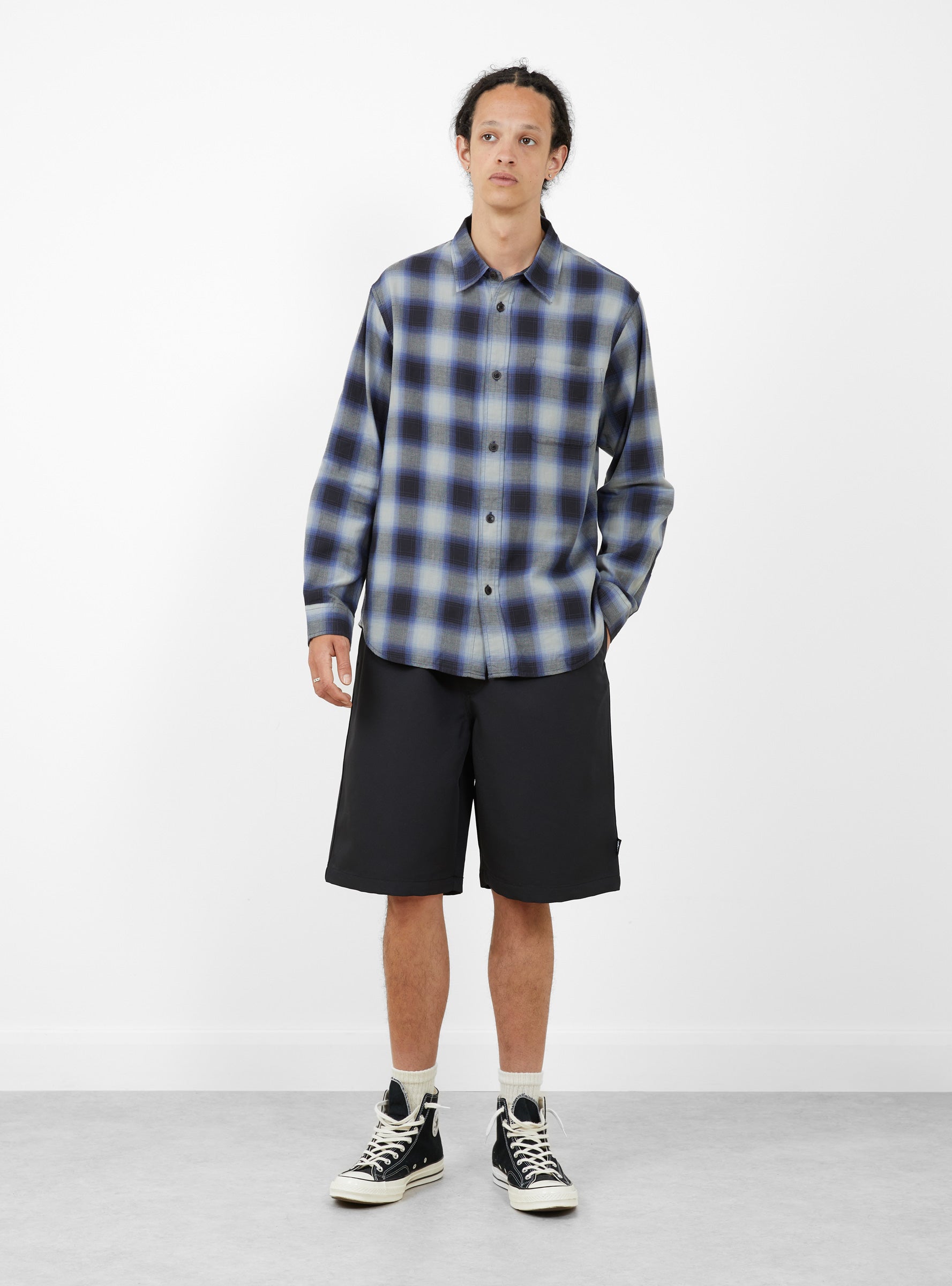 Beach Ombre Plaid Shirt Black-Black-Stussy model fornt at Couverture & The Garbstore