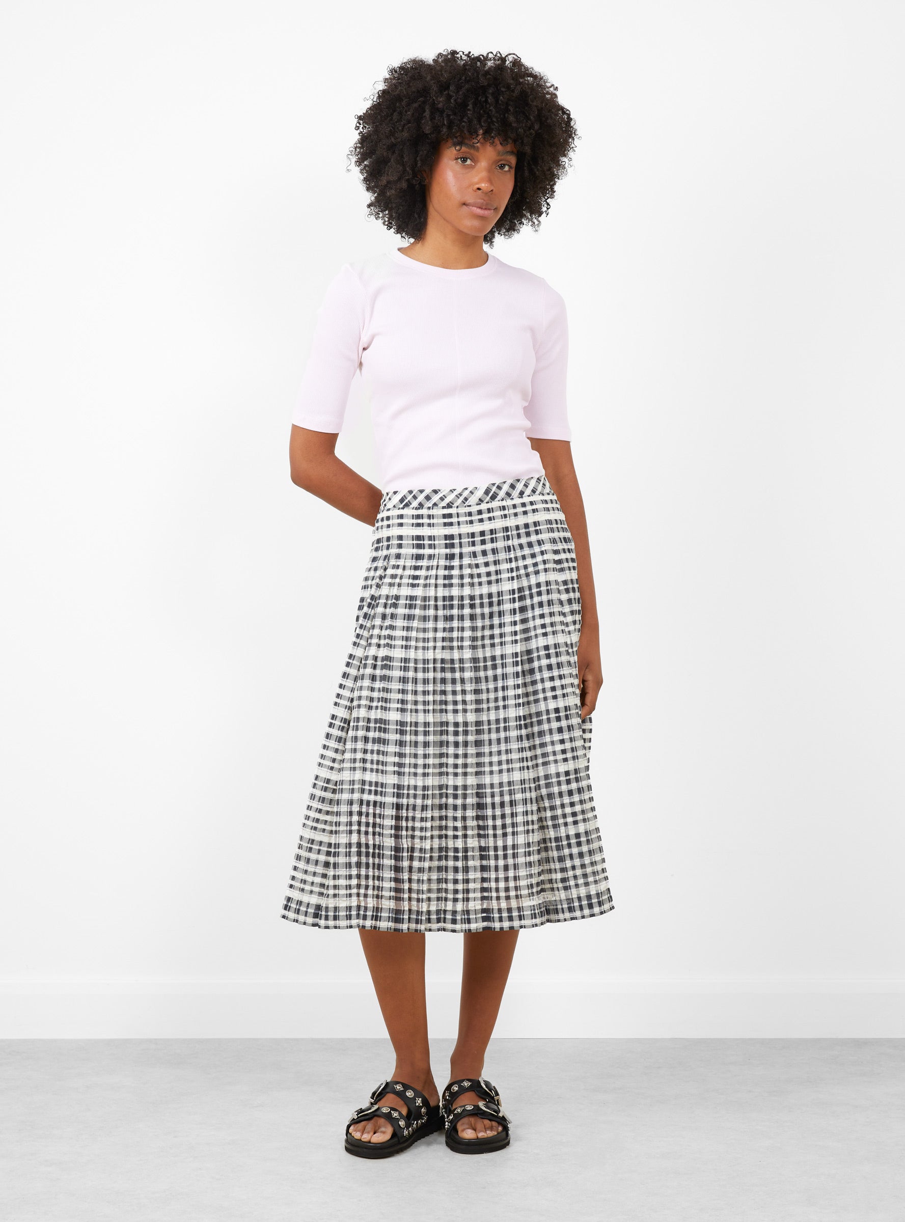 W Rosetta Skirt Charcoal and Off White-Charcoal and Off WhiteYMC(model front) at Couverture & The Garbstore