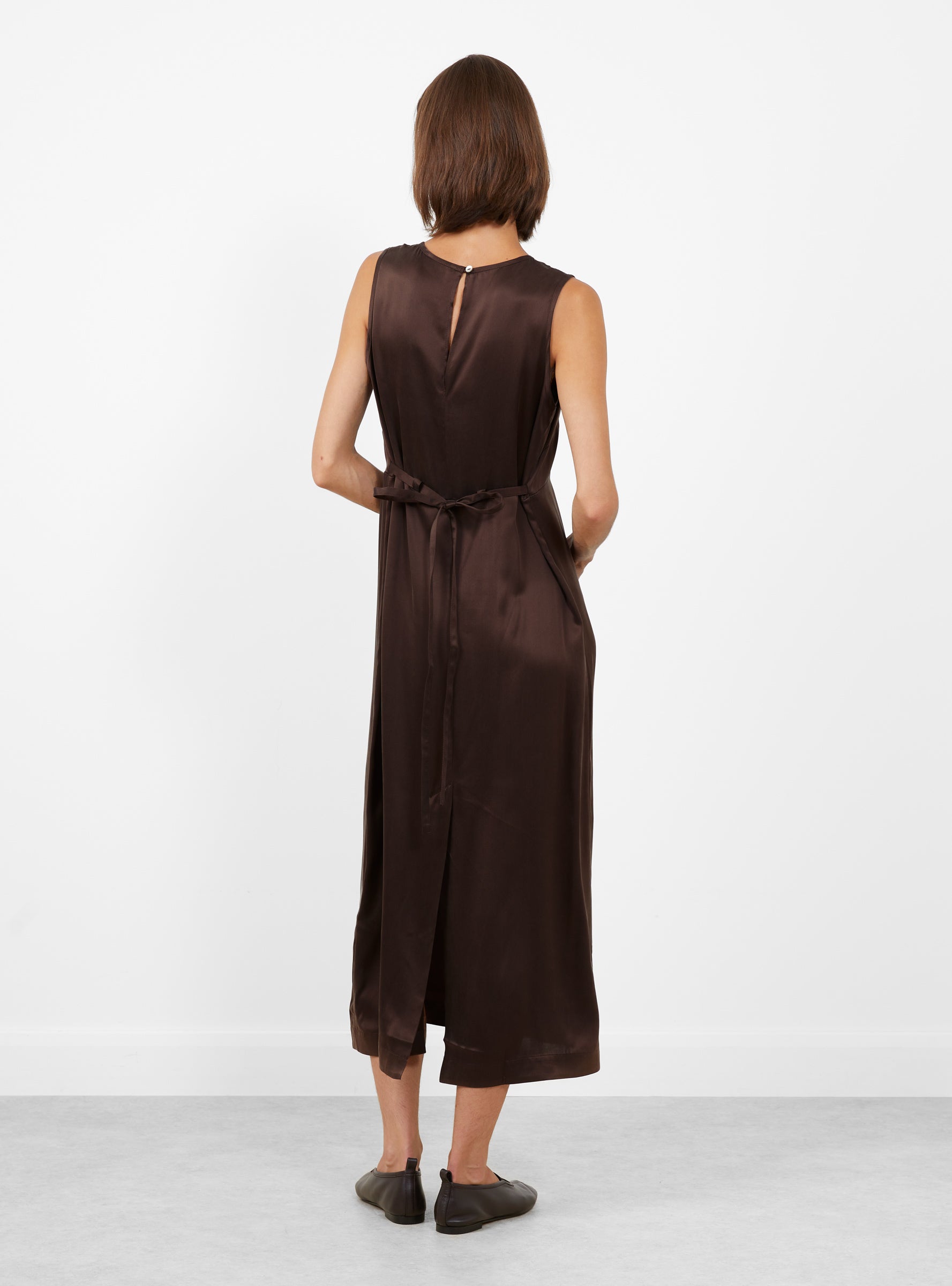 Sandwashed Satin Erika Dress Chocolate Chocolate Cawley (model back) at Couverture & The Garbstore