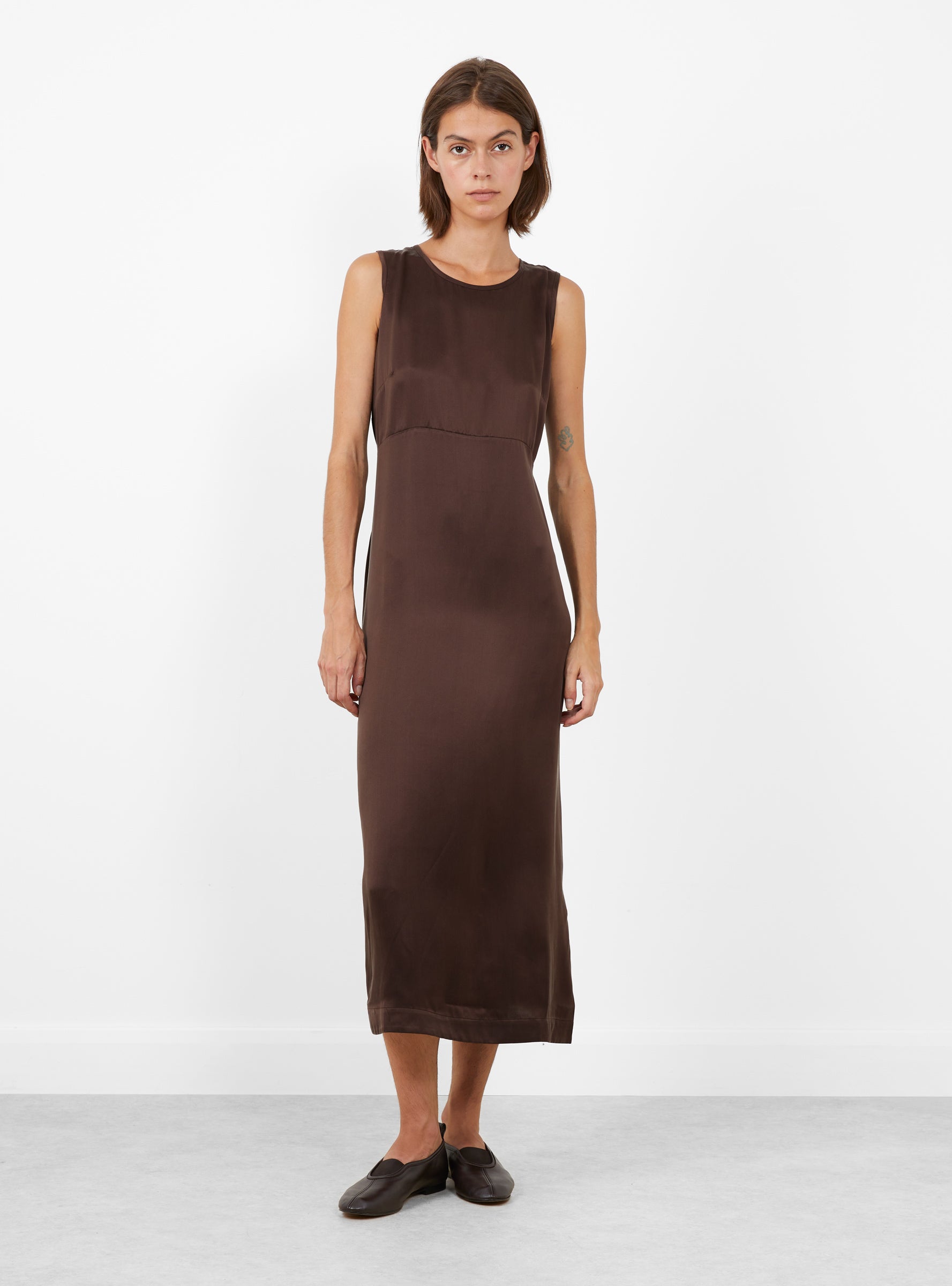 Sandwashed Satin Erika Dress Chocolate Chocolate Cawley (model front) at Couverture & The Garbstore