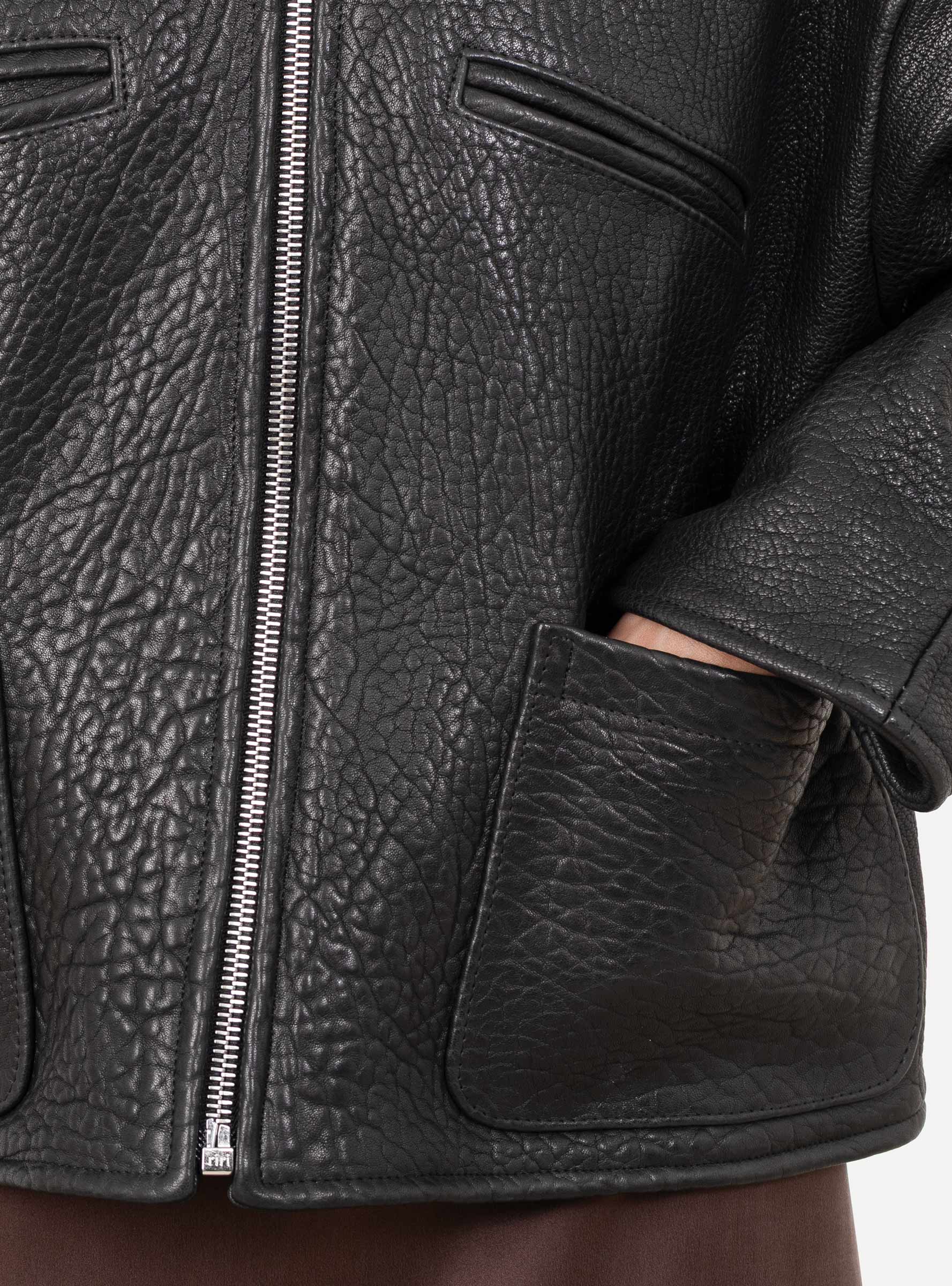 Stretch Wrinkle Leather Flying Jacket Liquorice Liquoirce Cawley (modle close up) at Couverture & The Garbstore