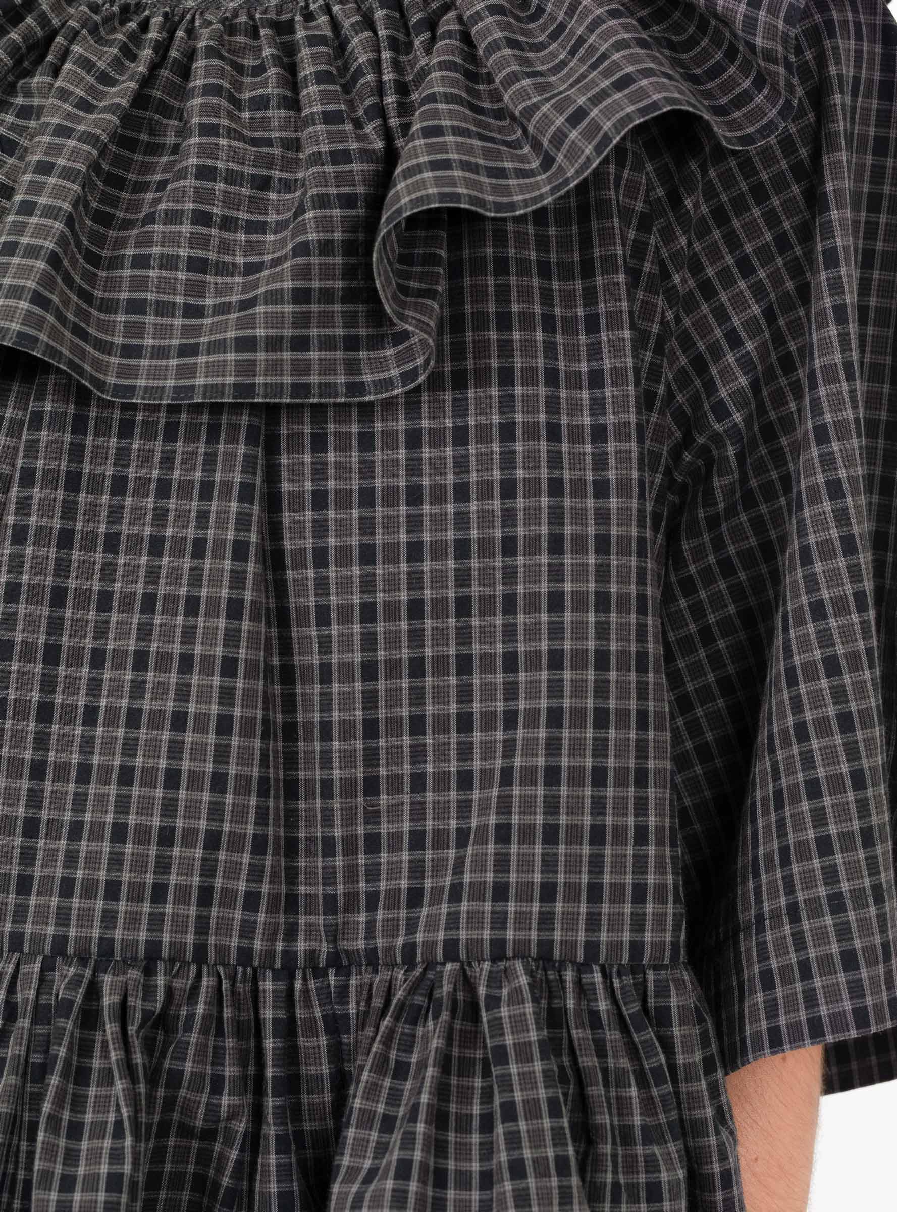 Japanese Cotton Check Washer Dellilah Frill Top Ink and Smoke Check Ink and Smoke Check Cawley (model close up at Couverture & The Garbstore