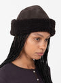 Suede-Back-Curly-Hair-Cap-Chocolate-Chocolate-CAWLEY-(Model) at Couverture & The Garbstore