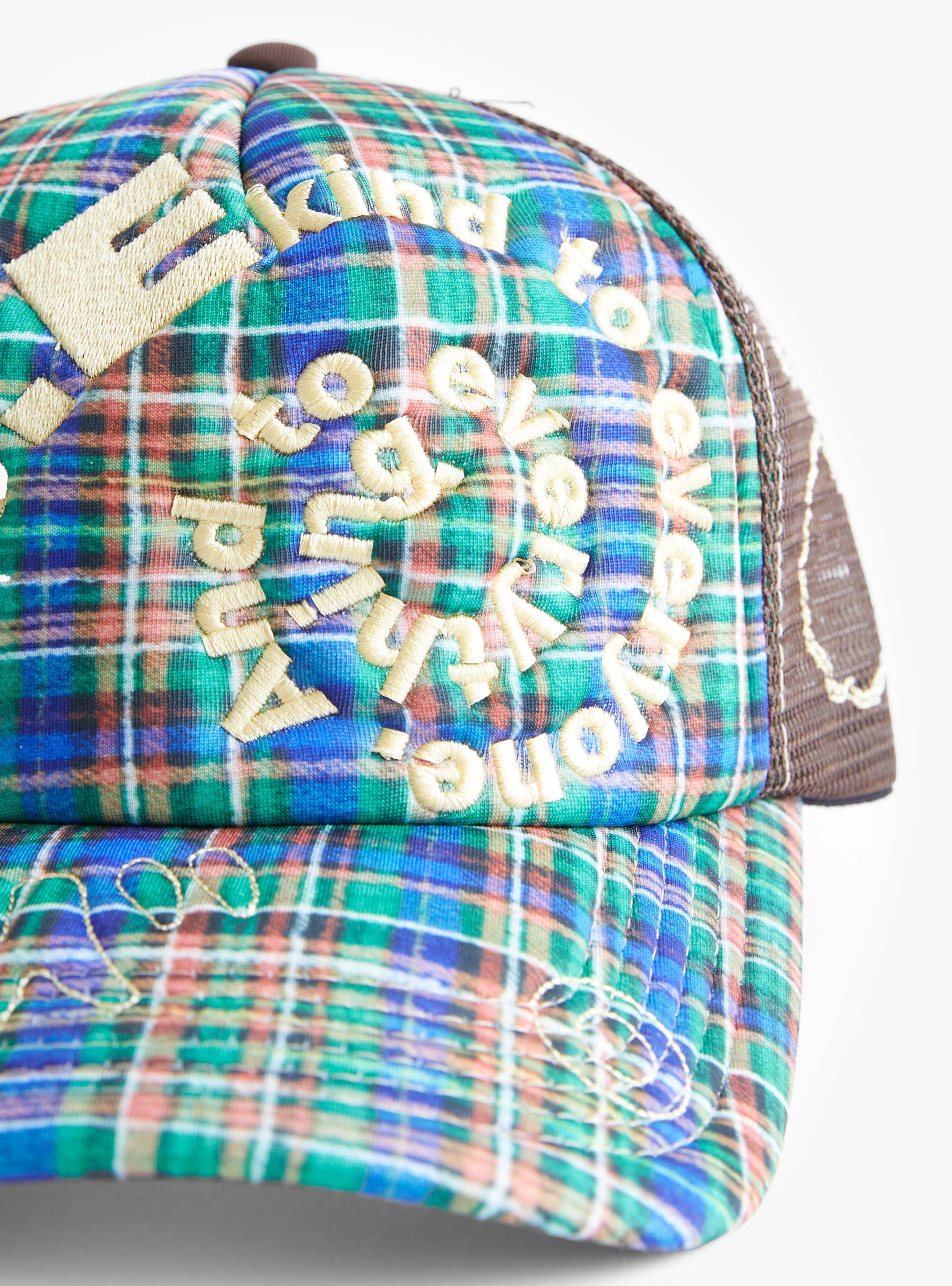 Bi Foam Trucker Cap-Highland Tartan & Brown-B.EAUTIFUL close up at Couverture & The Garbstore