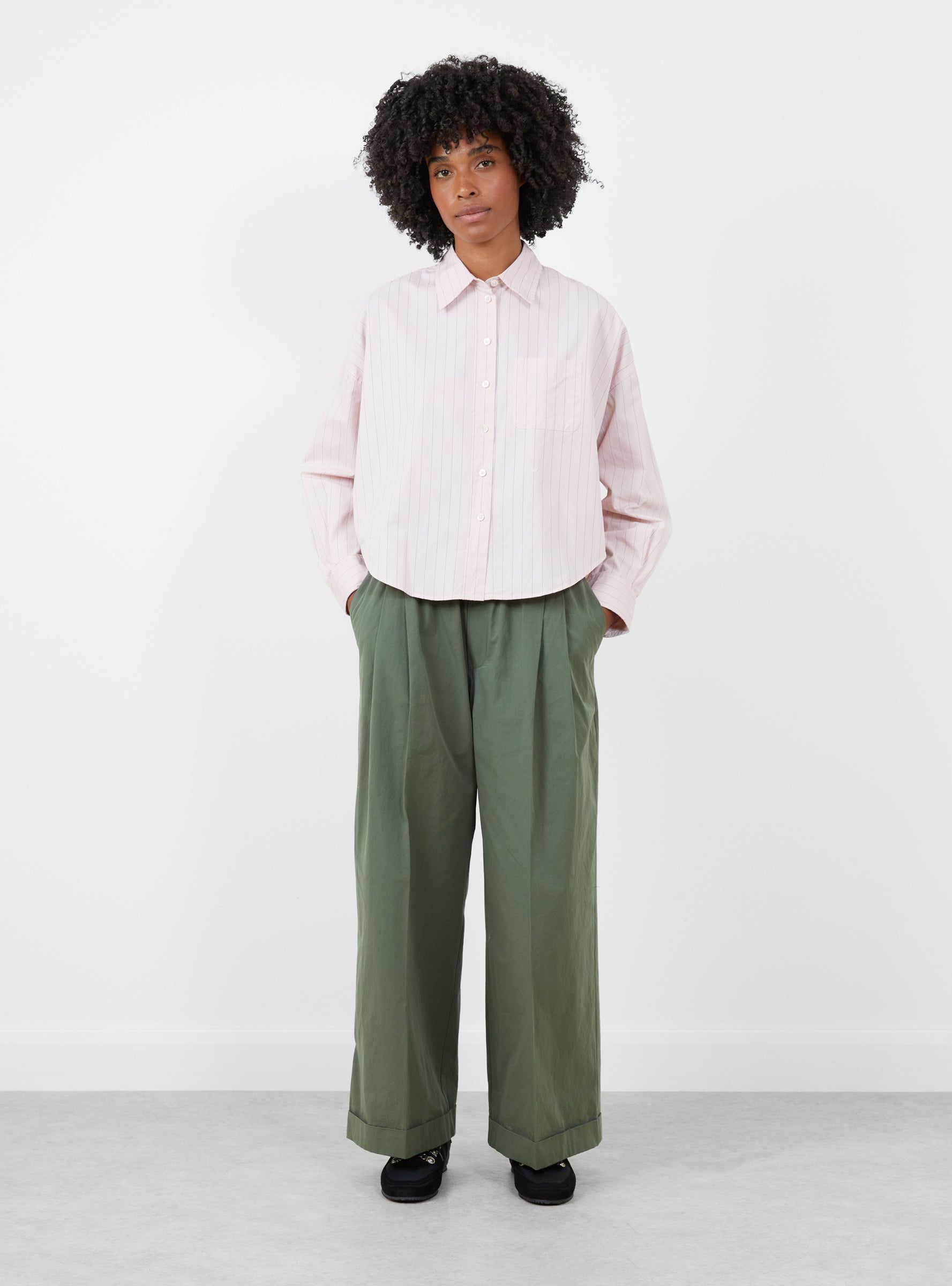 Ginger Shirt Pink and Grey Stripe Pink and Grey Stripe Bellerose (model front) at Couverture & The Garbstore