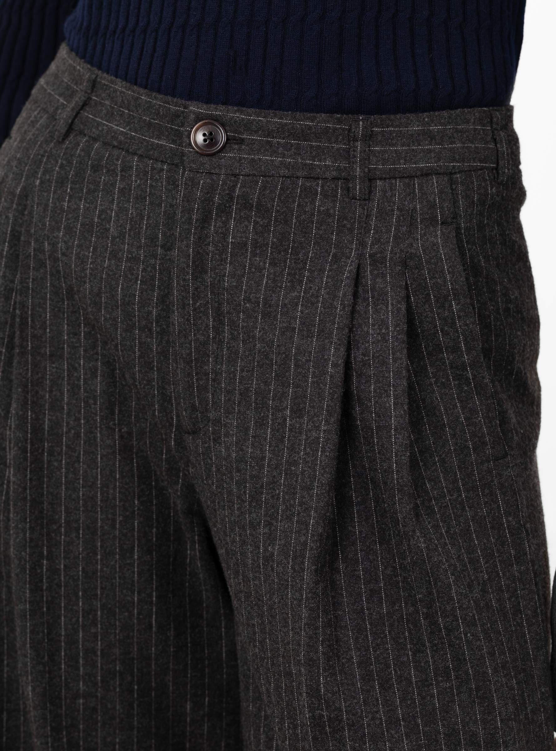 Volkert Trouser Dark Grey Stripe Dark Grey Stripe Bellerose (model closeup) at Couverture & The Garbstore