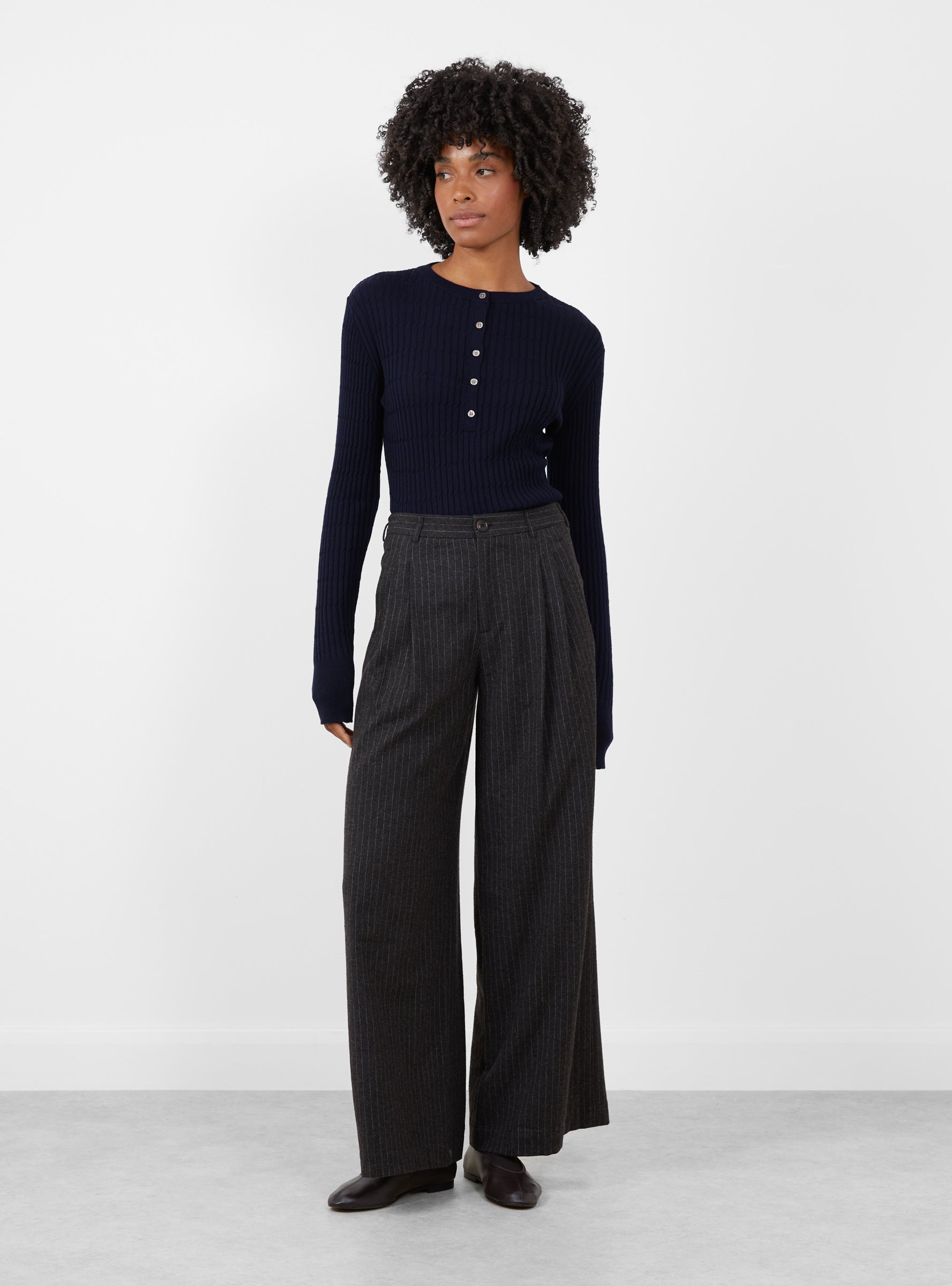 Volkert Trouser Dark Grey Stripe Dark Grey Stripe Bellerose (model front) at Couverture & The Garbstore