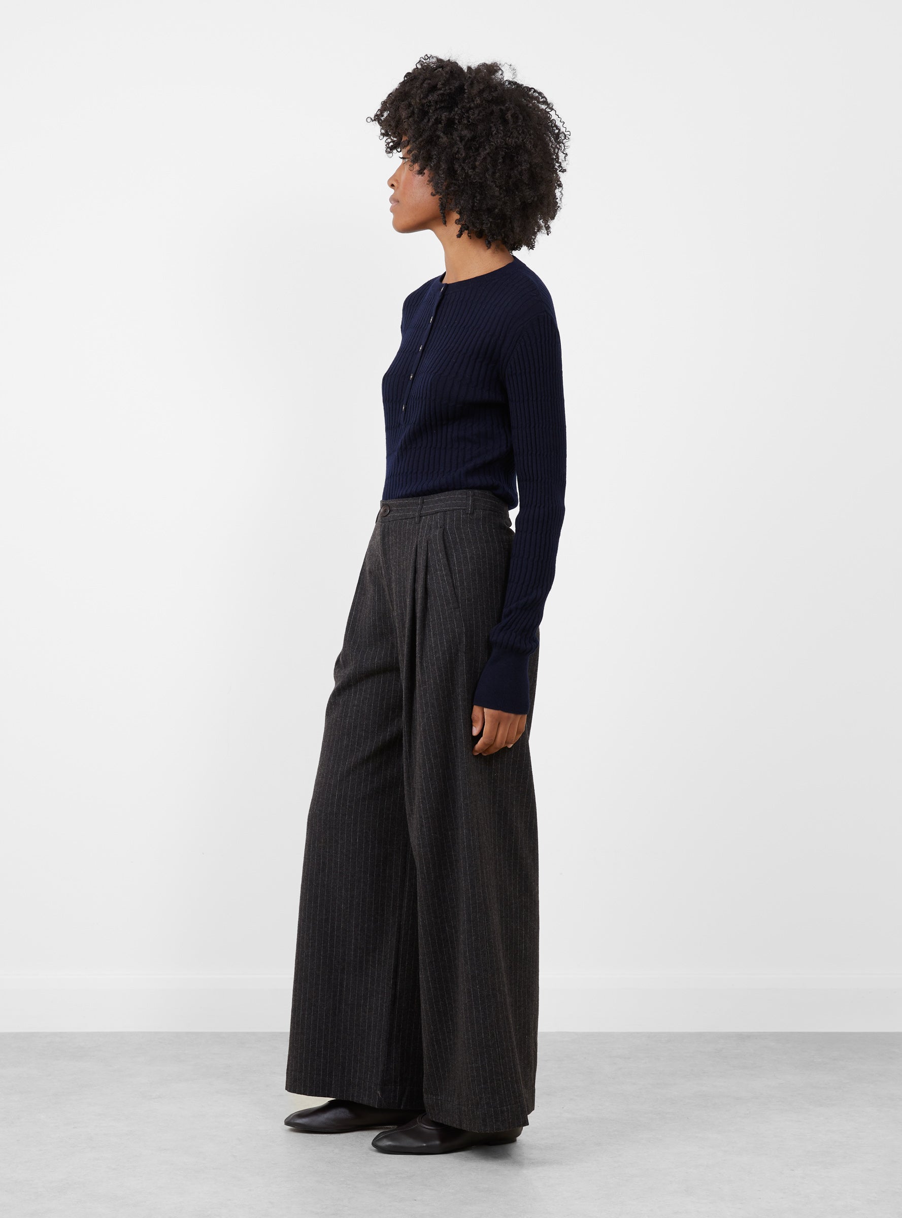 Volkert Trouser Dark Grey Stripe Dark Grey Stripe Bellerose (model side) at Couverture & The Garbstore
