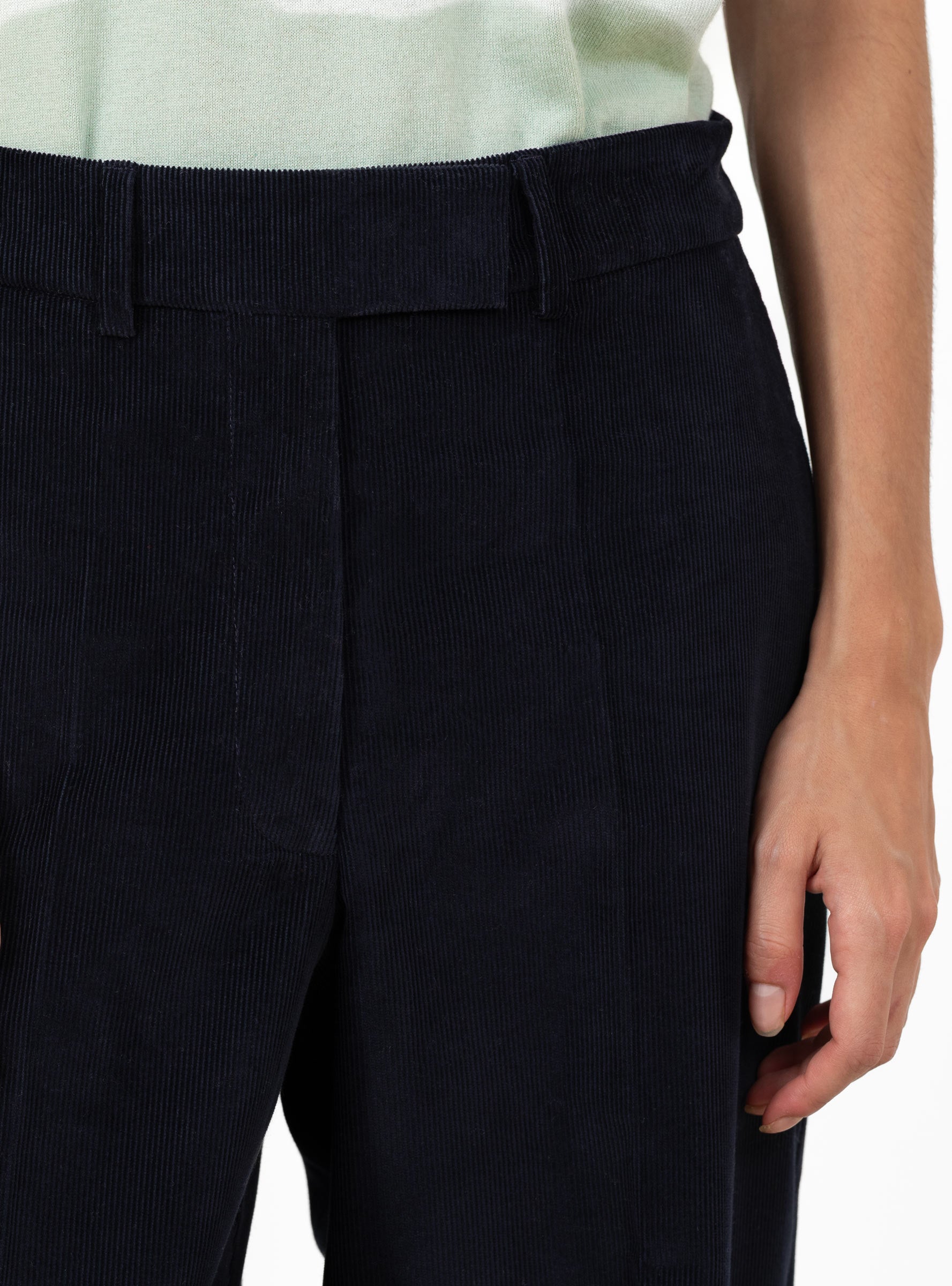 Low Rise Corduroy Pants Navy Navy CORDERA (model close up) at Couverture & The Garbstore