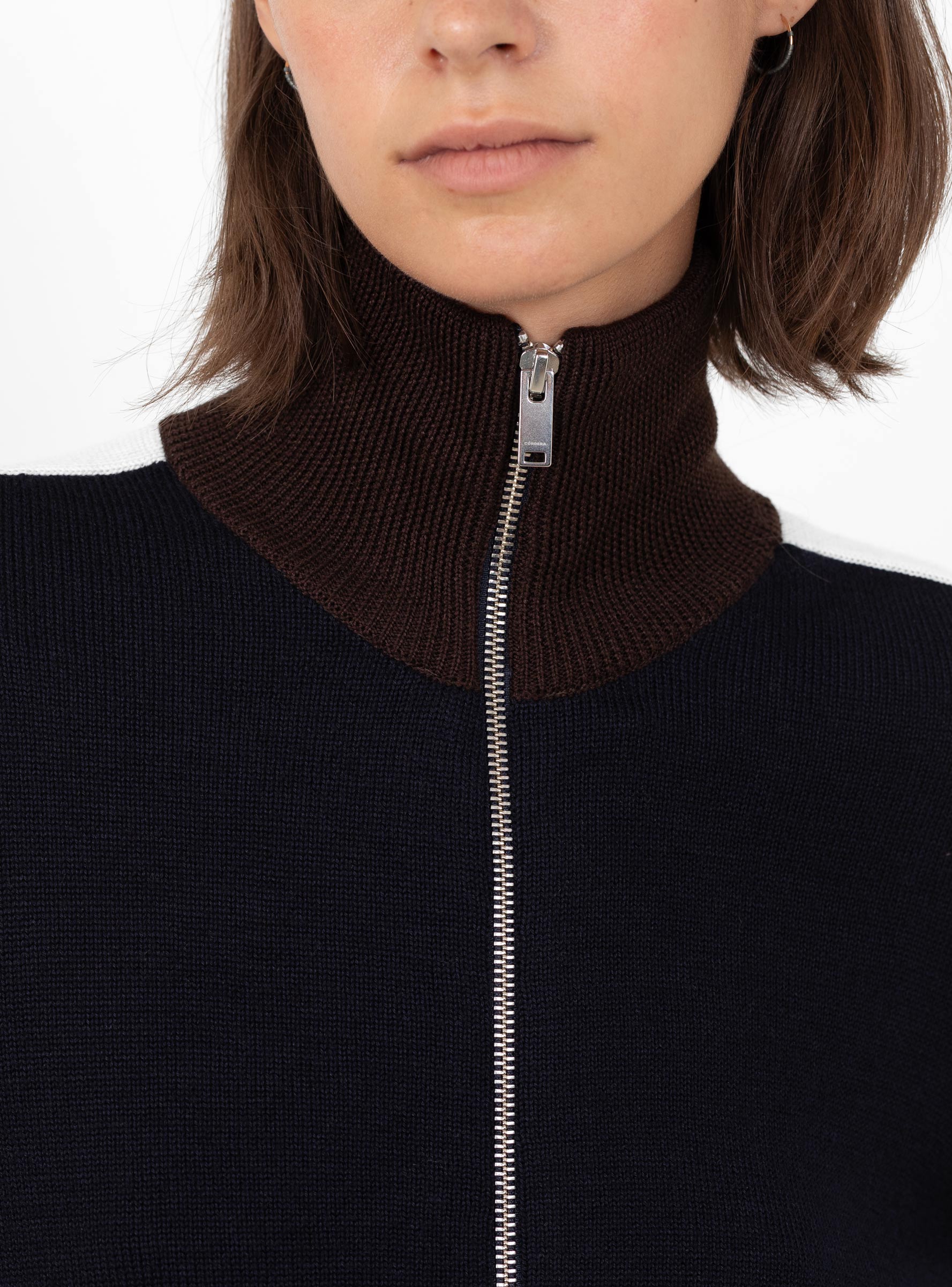Merino Wool Sporty Cardigan Navy Navy CORDERA (model close up) at Couverture & The Garbstore