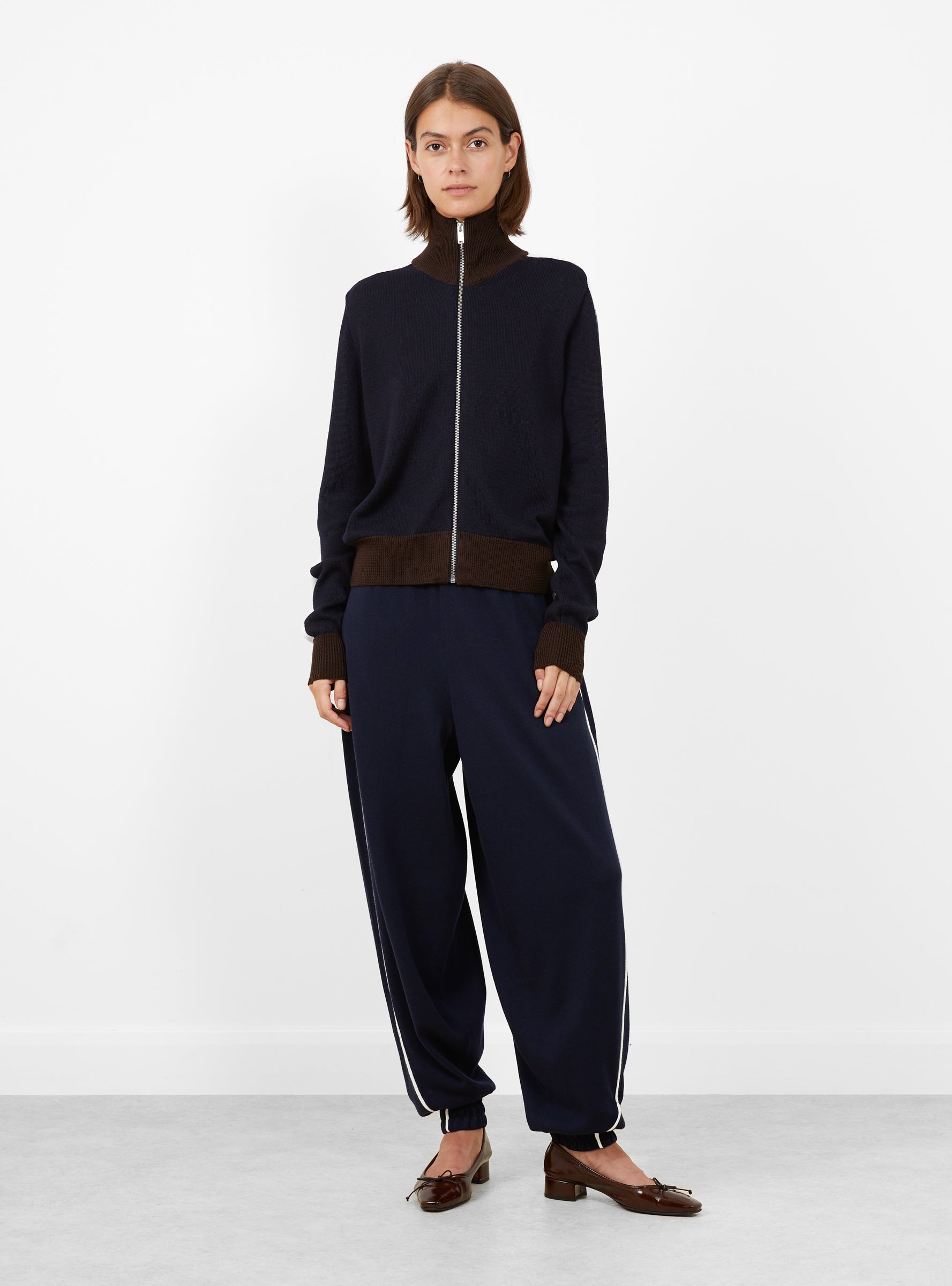 Merino Wool Sporty Cardigan Navy Navy CORDERA (model front) at Couverture & The Garbstore