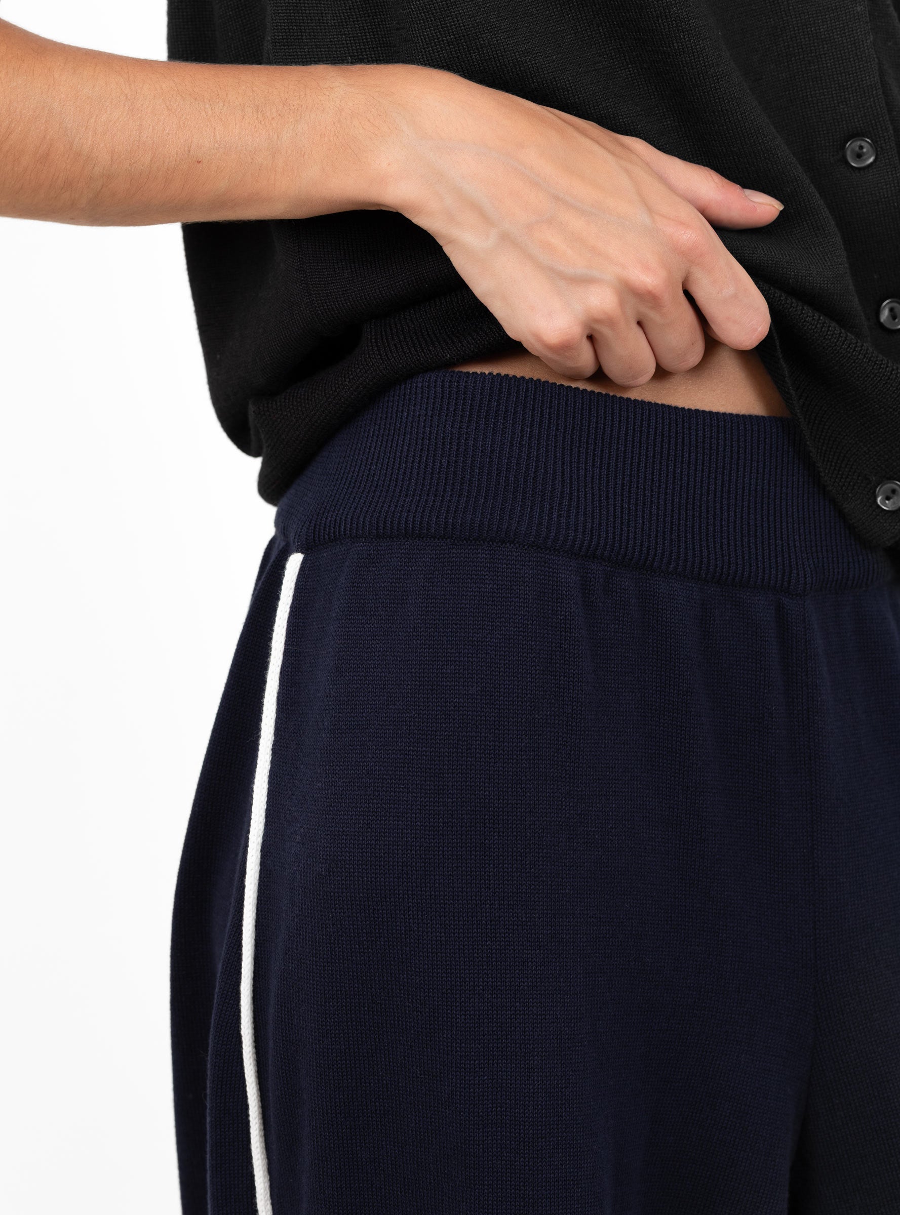 Organic Cotton Sporty Pants Navy Navy CORDERA (model close up) at Couverture & The Garbstore