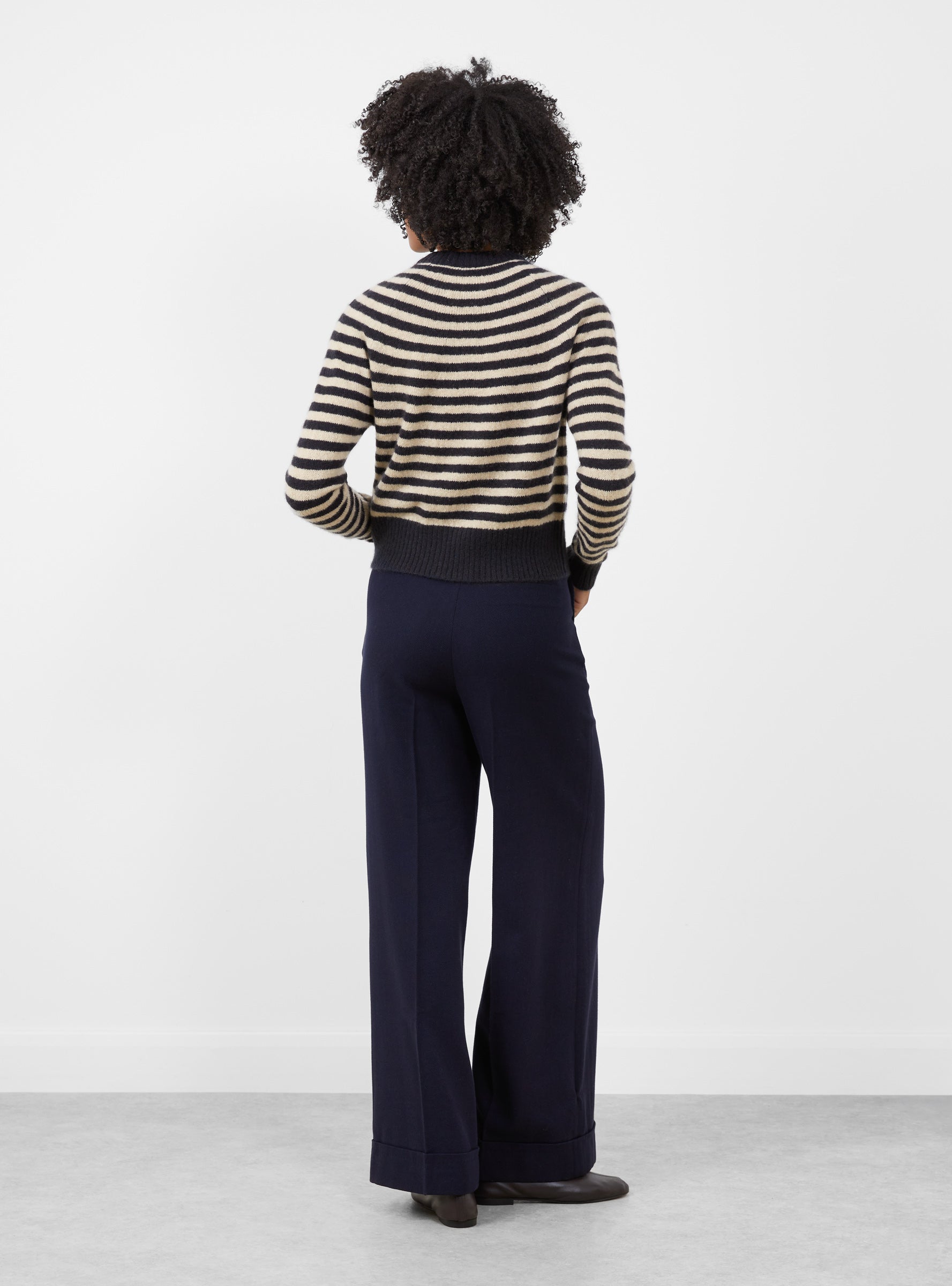 Numbus Crew Neck Darted Sleeve Jumper Beige and Black Stripe Beige and Black Stripe HIMALA (model back) at Couverture & The Garbstore