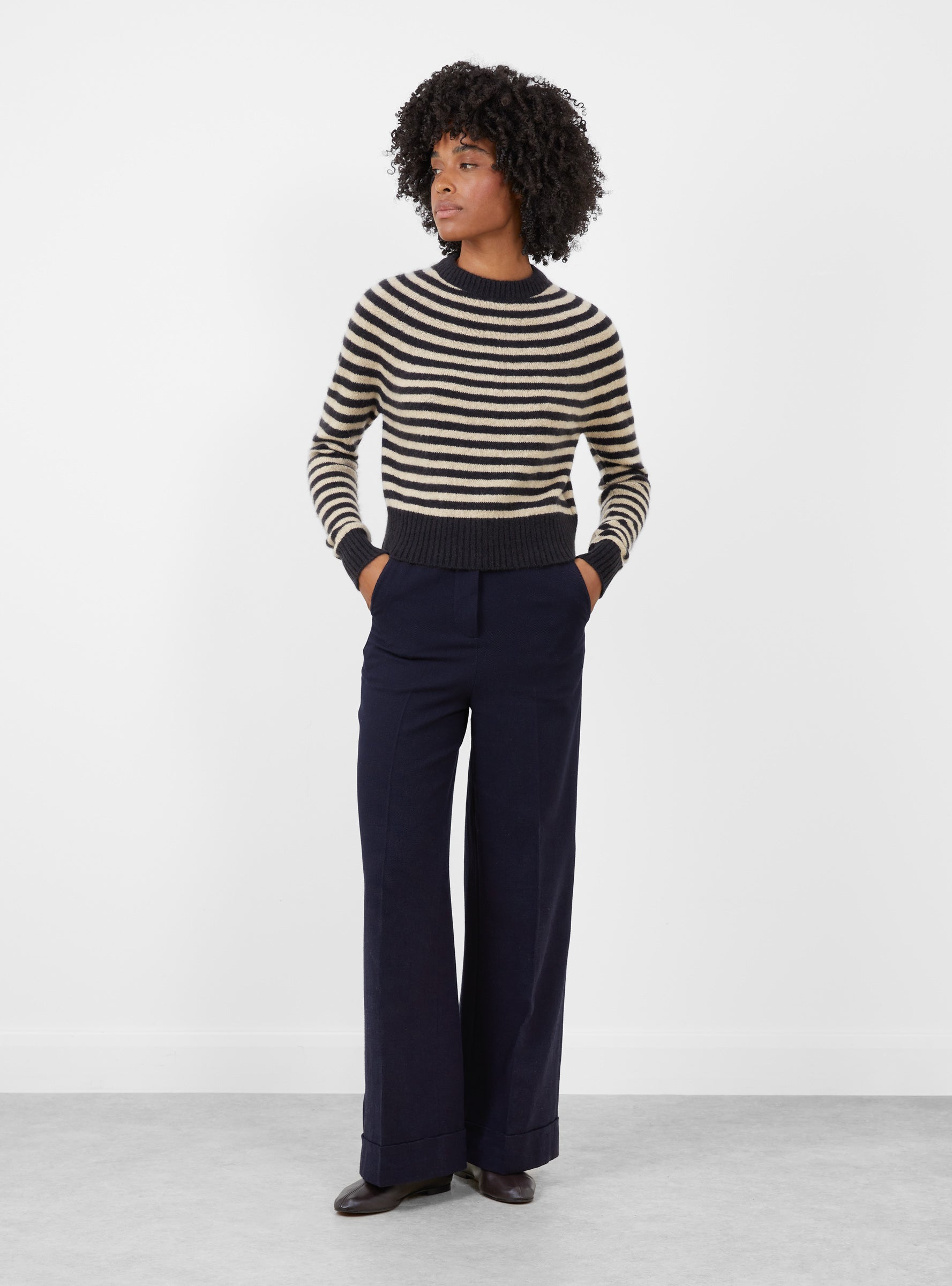 Numbus Crew Neck Darted Sleeve Jumper Beige and Black Stripe Beige and Black Stripe HIMALA (model front) at Couverture & The Garbstore