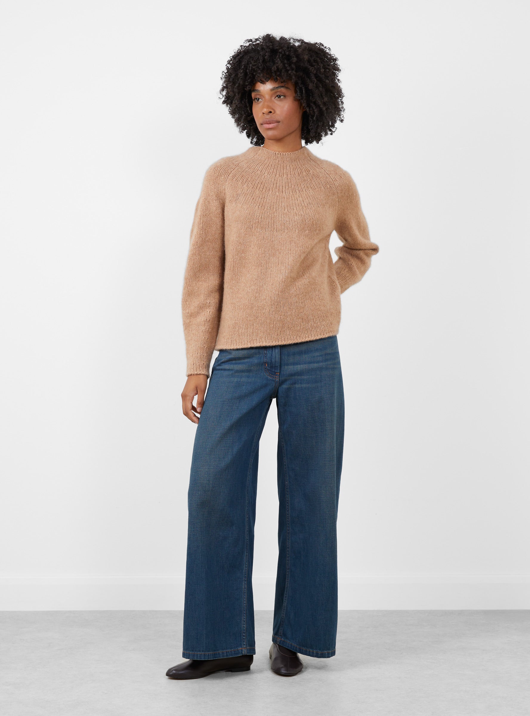 Raglan Taper Sleeve Jumper Fawn Fawn HIMALA (model front) at Couverture & The Garbstore