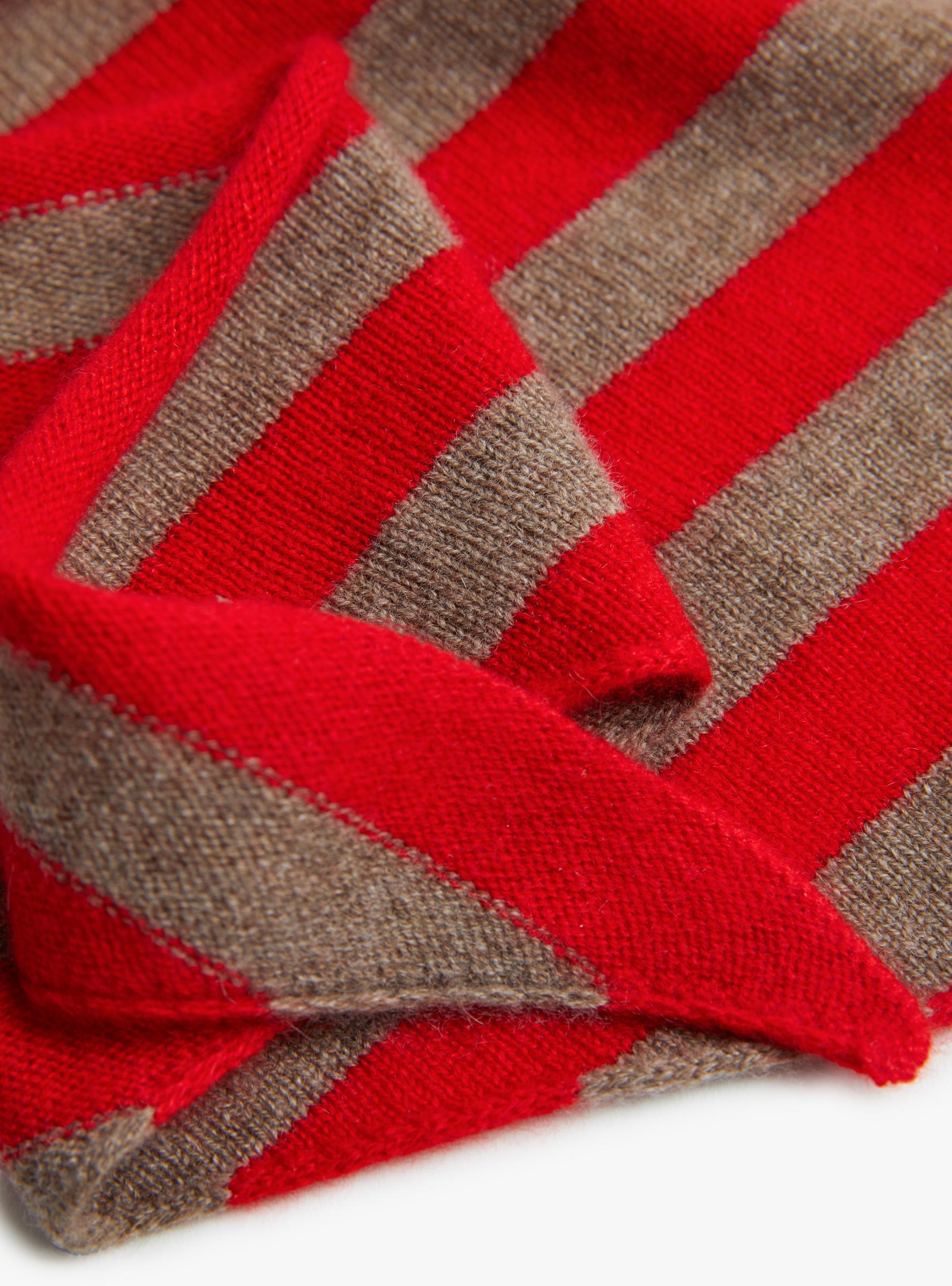 Striped Triangle Scarf Bracken and Scarlet by Himalayan Cashmere (folded close up) at Couverture & The Garbstore