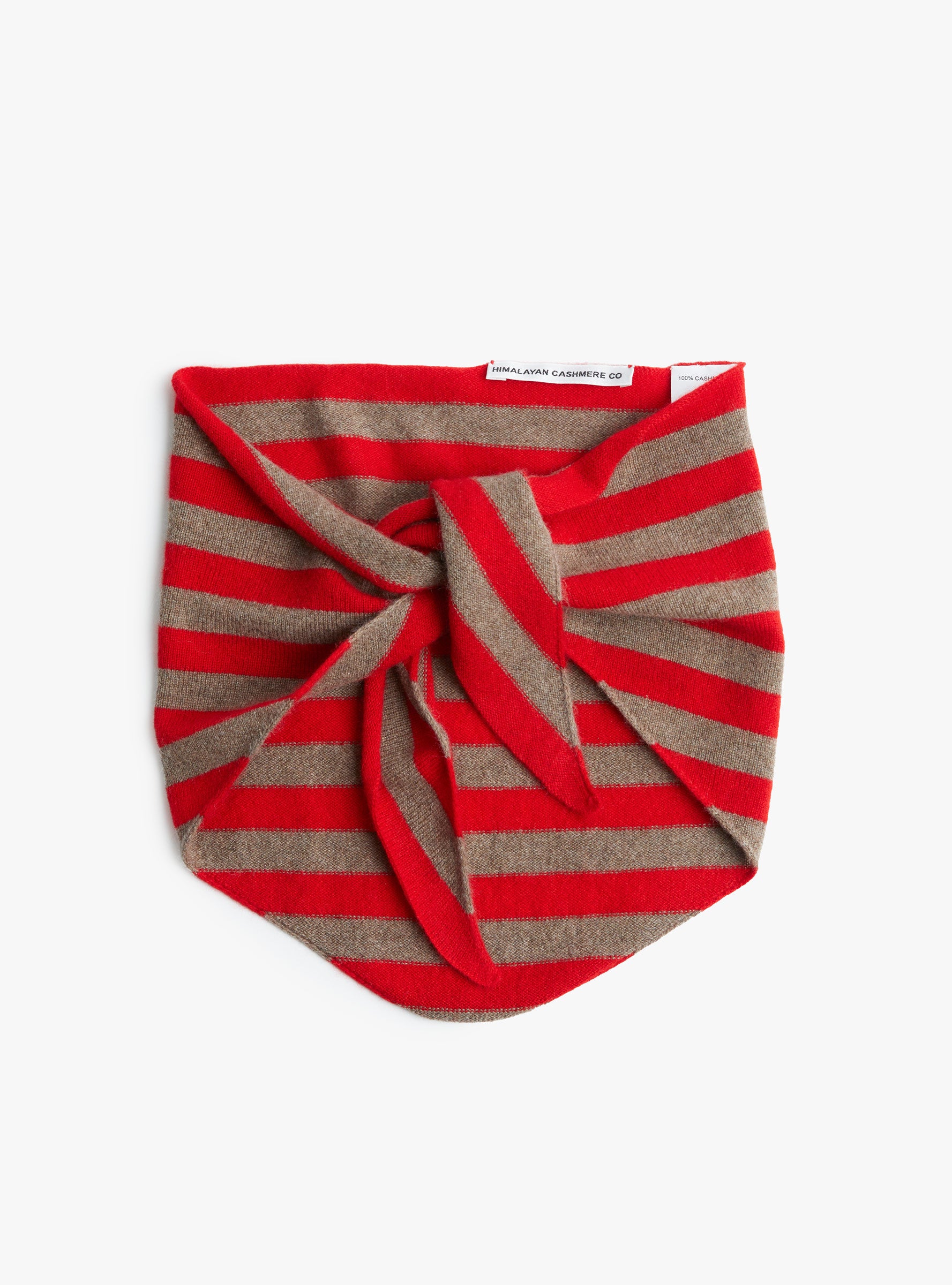 Striped Triangle Scarf Bracken and Scarlet by Himalayan Cashmere (tied view) at Couverture & The Garbstore