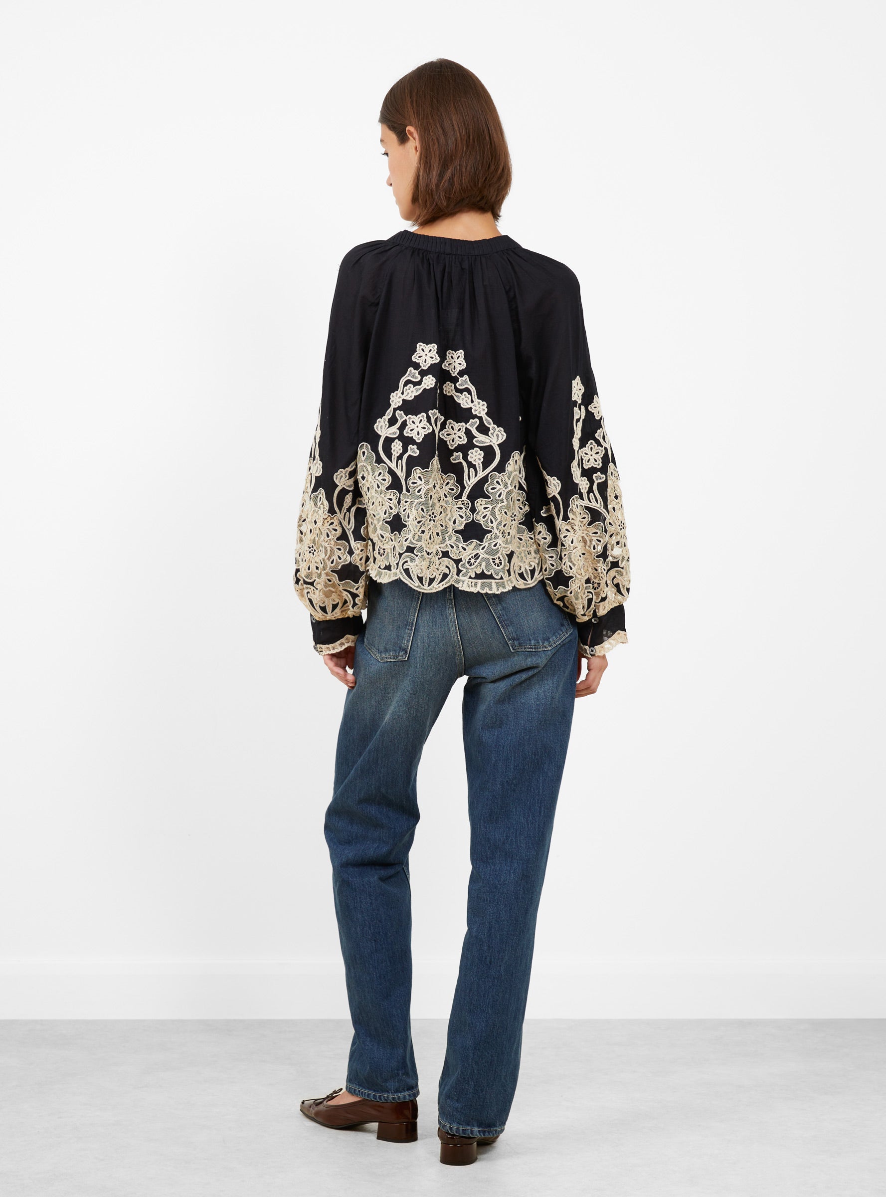 Gracelyn Lace Embroidered Long Sleeve Top Black White Sea (model back) at Couverture & The Garbstore