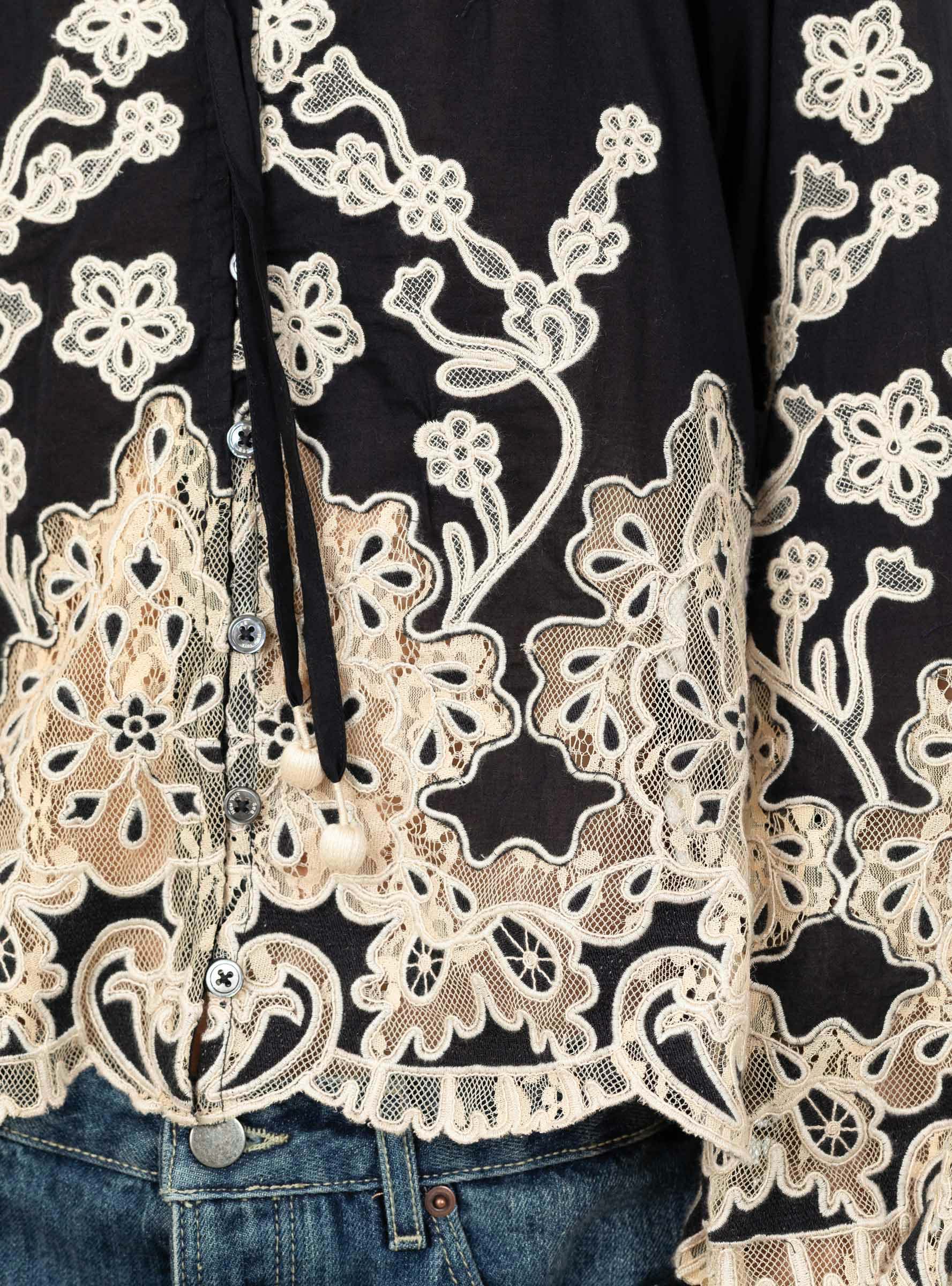 Gracelyn Lace Embroidered Long Sleeve Top Black White Sea (model close up) at Couverture & The Garbstore