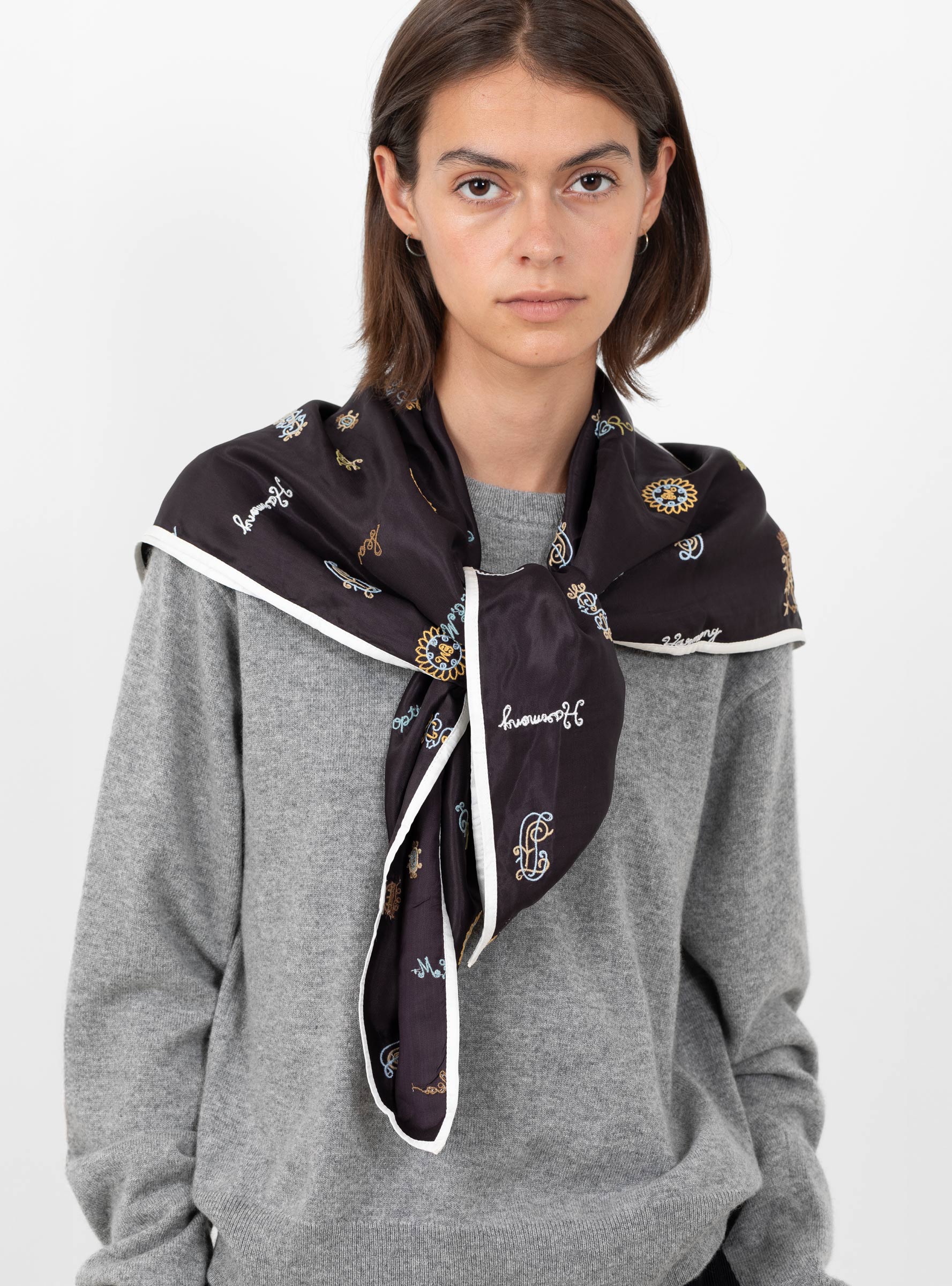 Juliet Embroidered Scarf Navy Navy Sea (model clsoe up) at Couverture & The Garbstore