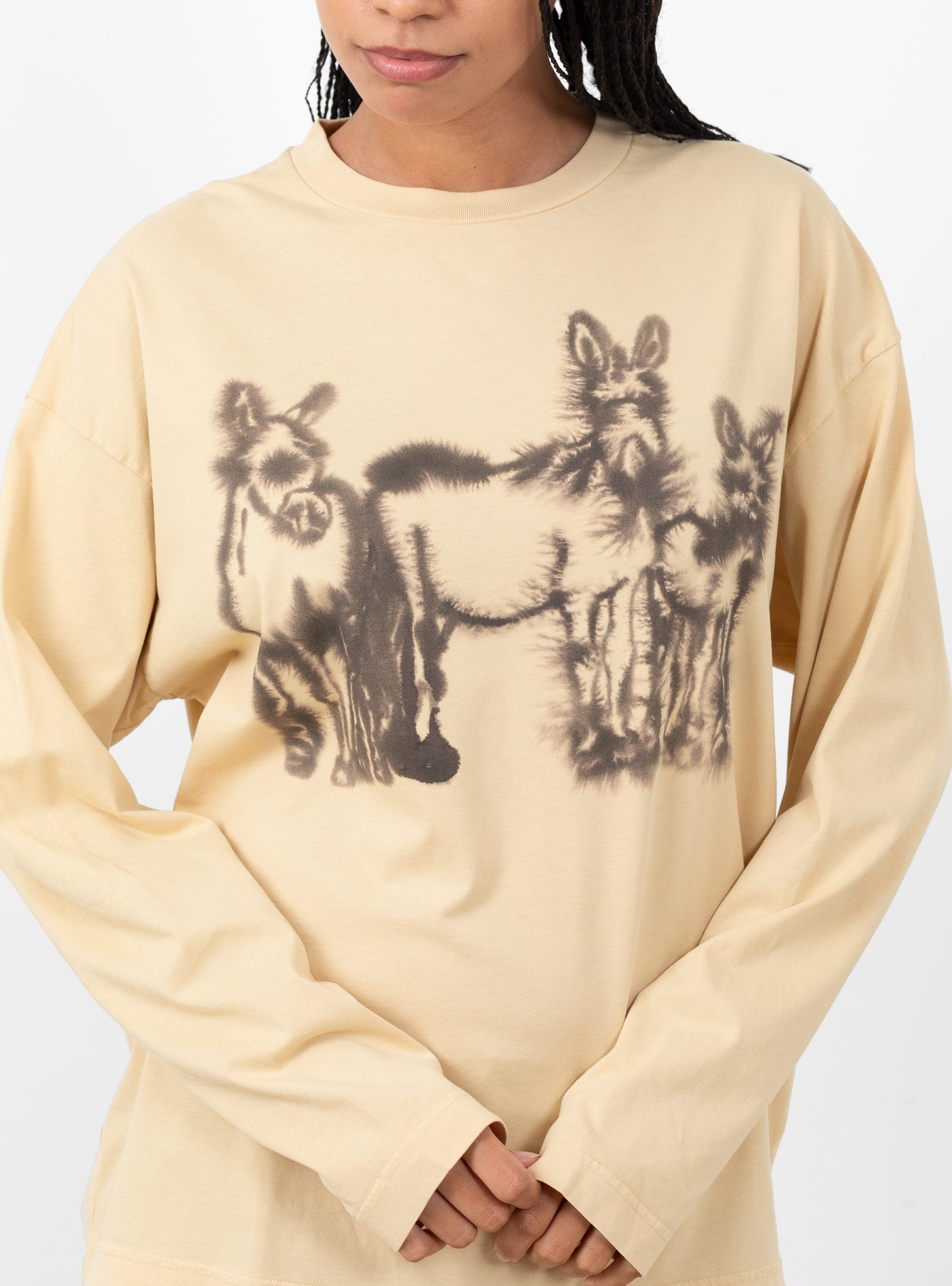 3_Donkeys_Long_Sleeve_T-Shirt_Beige_Beige_WILD_ANIMALS_model_close-up at Couverture & The Garbstore