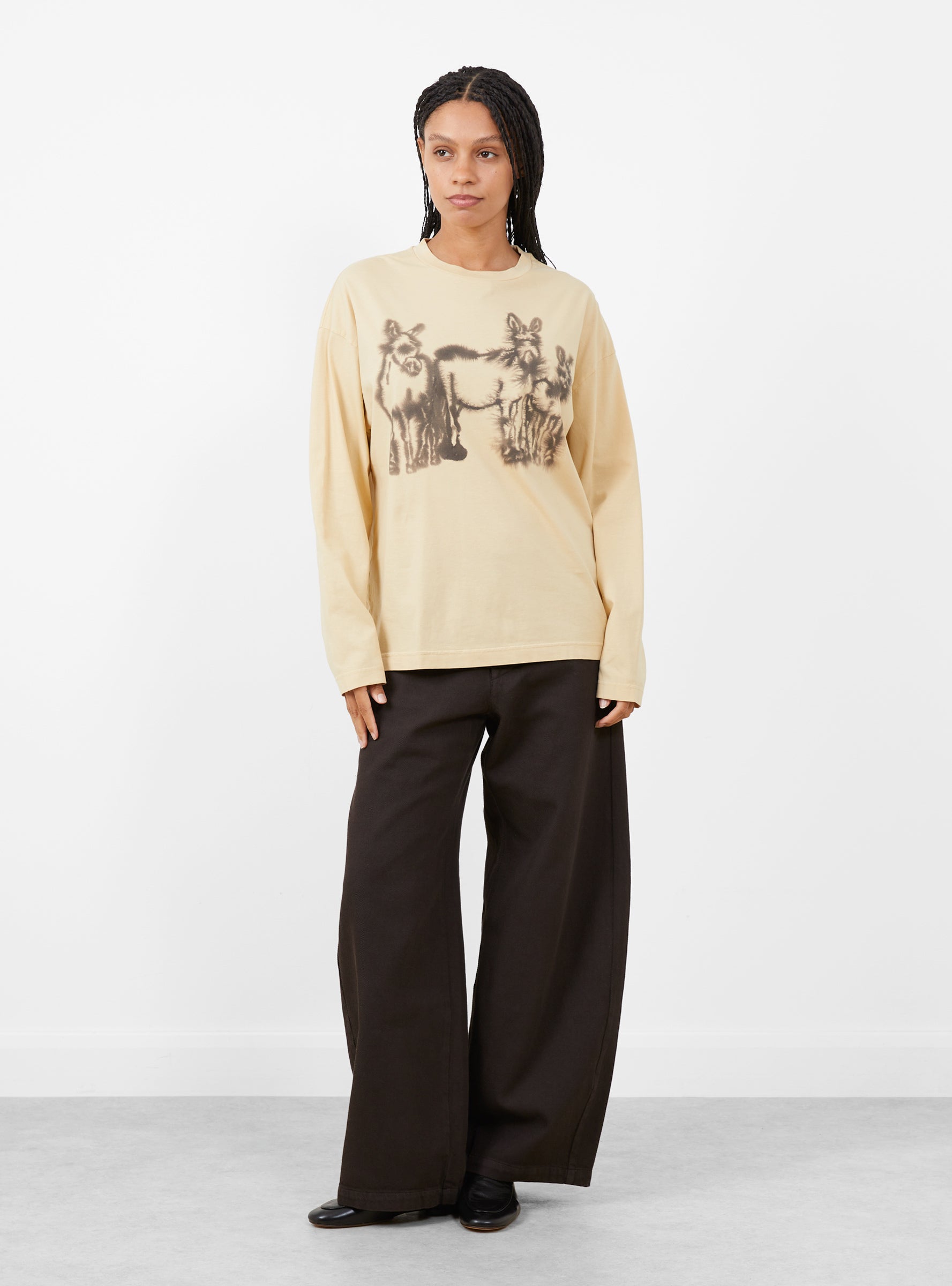3_Donkeys_Long_Sleeve_T-Shirt_Beige_Beige_WILD_ANIMALS_model_front at Couverture & The Garbstore