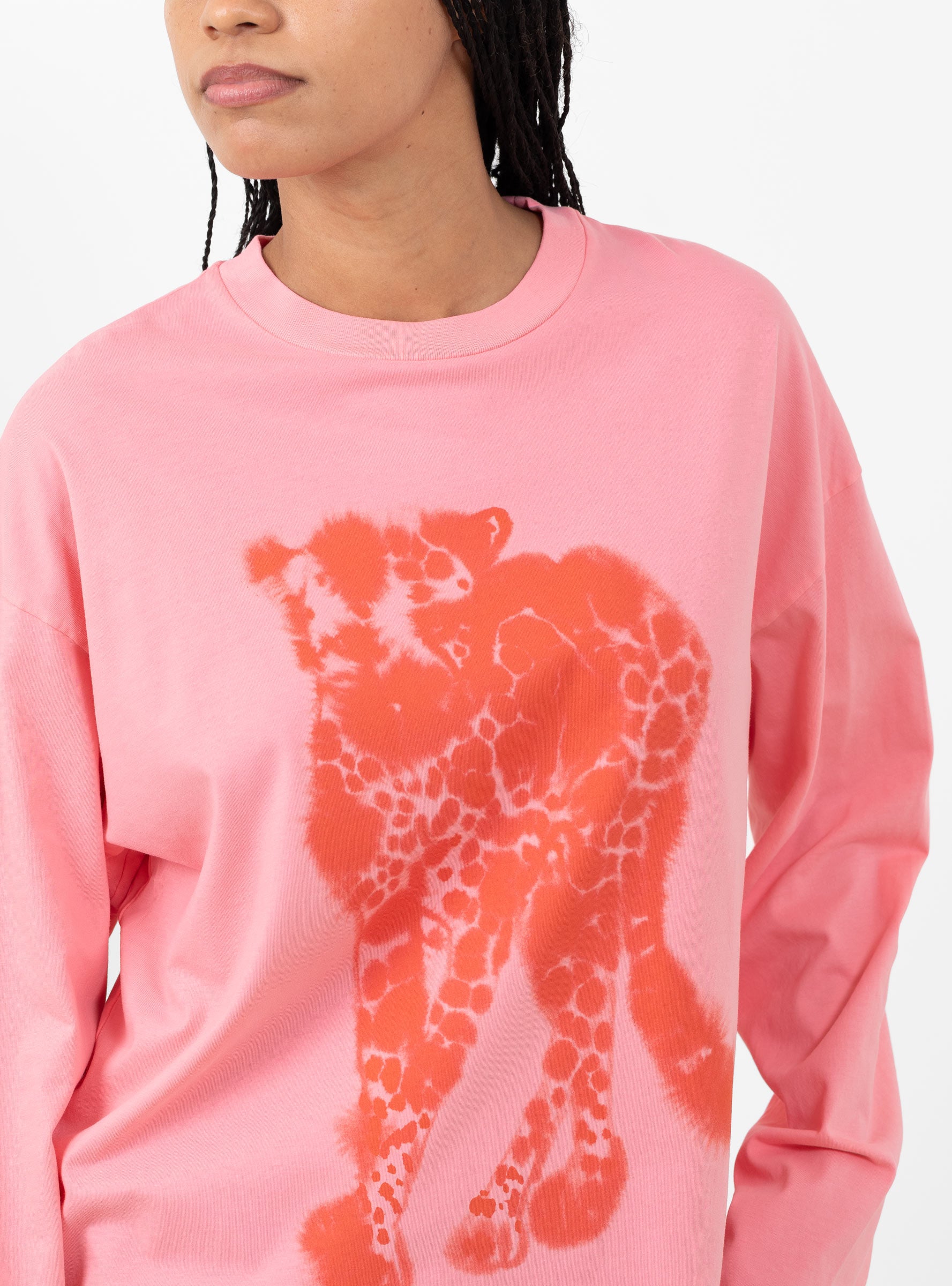 Cheetah_Long_Sleeve_T-Shirt_Pink_Pink_WILD_ANIMALS_model_close-up at Couverture & The Garbstore