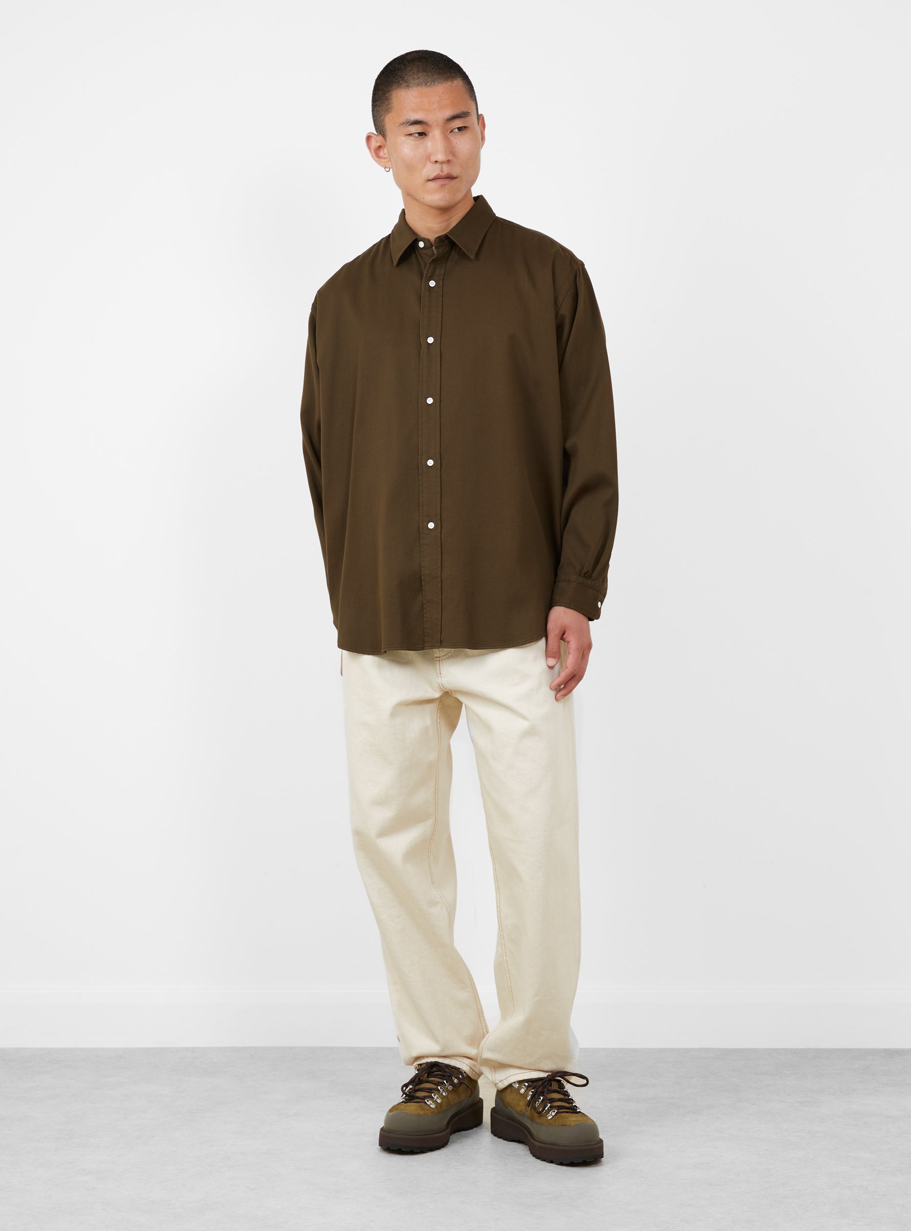 Double Weave Regular Collar Shirt Dark Olive A.PRESSE (model front) at Couverture & The Garbstore