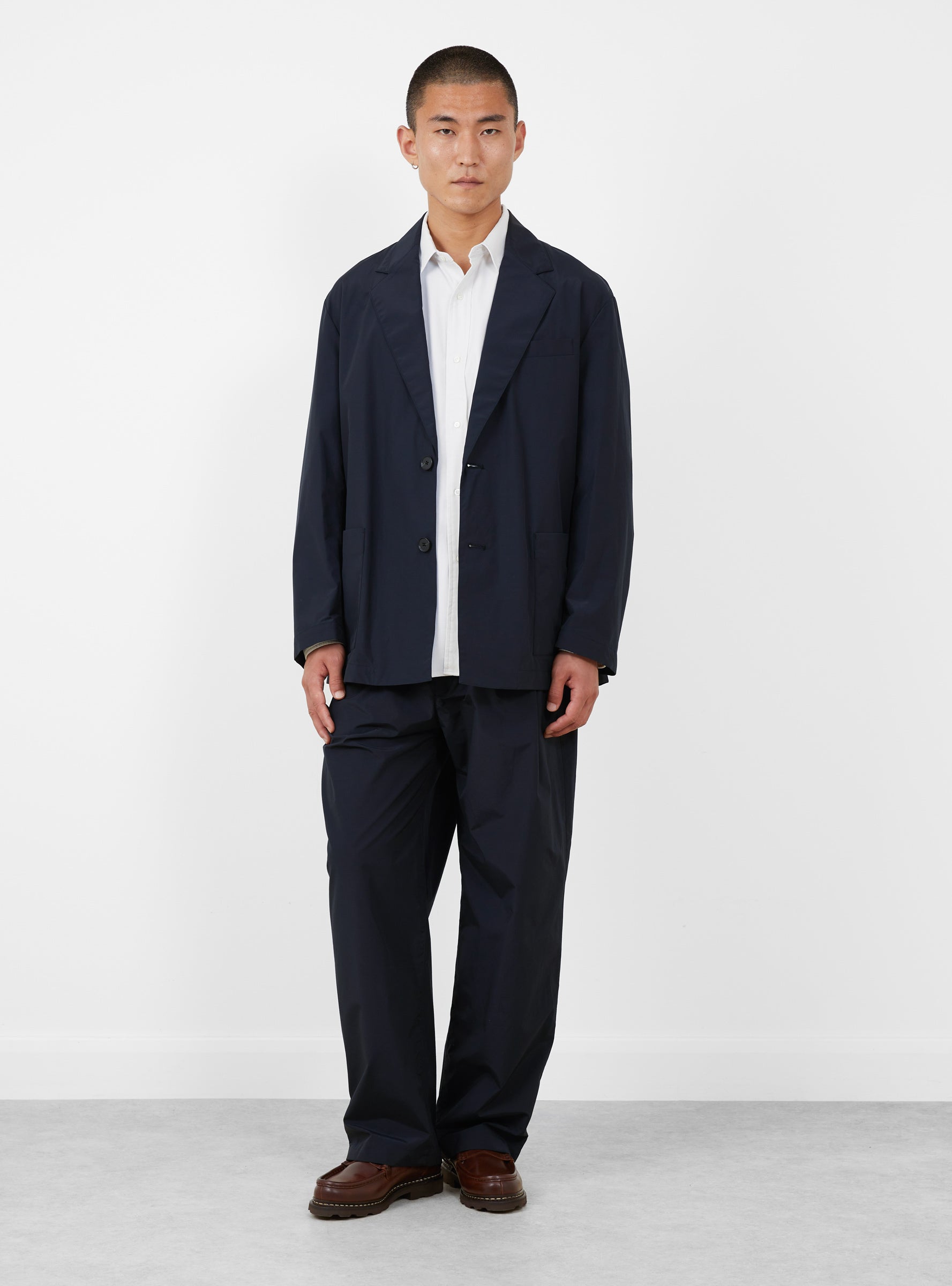 Cotton Nylon Wide Easy Trousers Dark Navy SSSTEIN (model front) at Couverture & The Garbstore