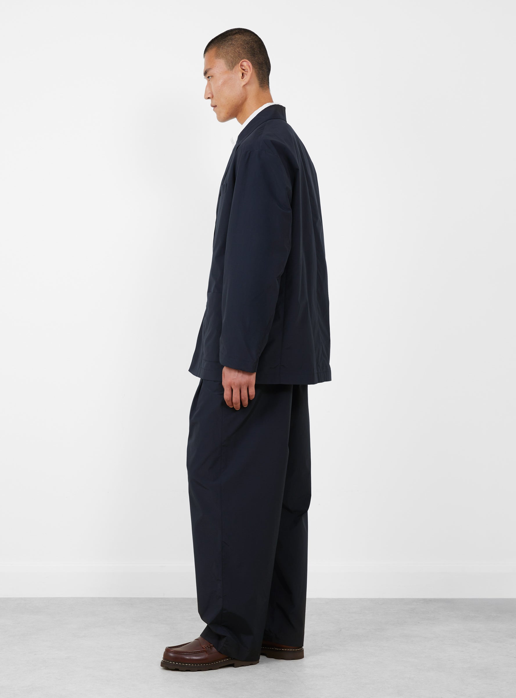 Cotton Nylon Wide Easy Trousers Dark Navy SSSTEIN (model side) at Couverture & The Garbstore