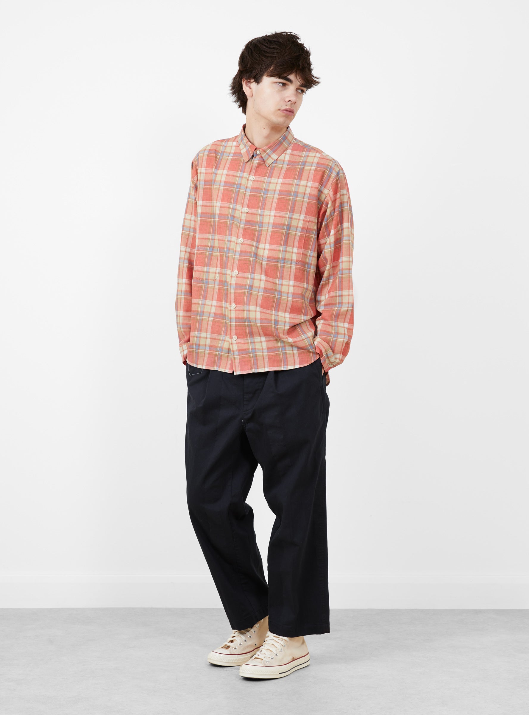 Made in Japan Grande Tab Shirt Red Red Check TDR (model front) at Couverture & The Garbstore