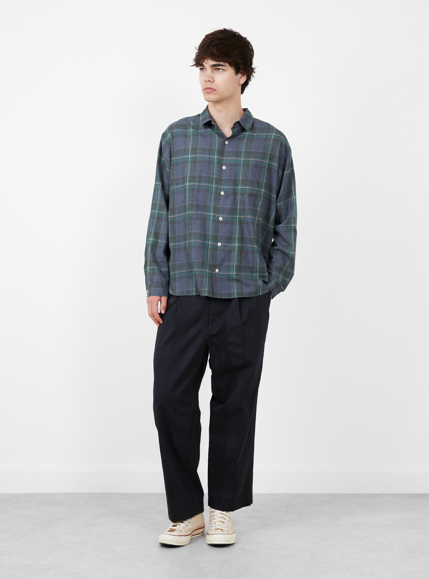 Made in Japan Grande Tab Shirt Blue Blue Check TDR (model front) at Couverture & The Garbstore
