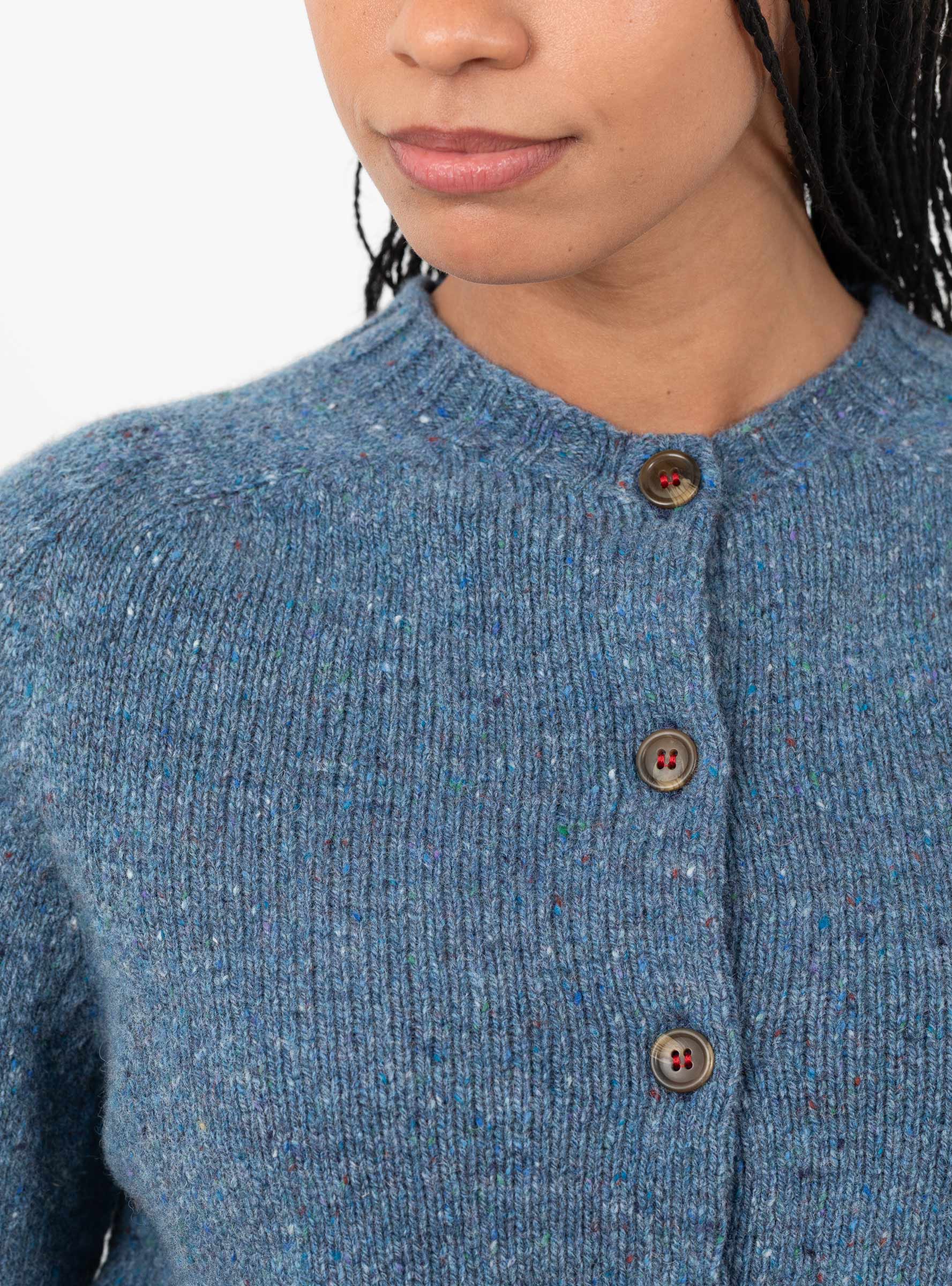 Nova_Cardigan_Denim_Fleck_Denim_Fleck_SIDELINE_Model_close up at Couverture & The Garbstore